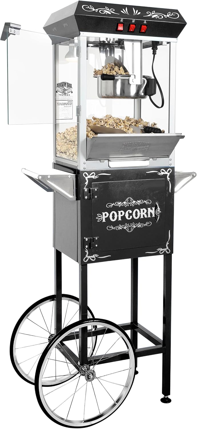 Great Northern Popcorn Foundation Popcorn Machine with Cart - 8oz Popper with Stainless-Steel Kettle, Warming Light, and Accessories, Black