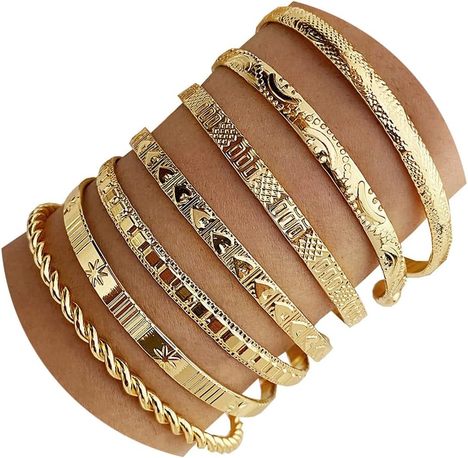 IFKM Gold Bangle Bracelets For Women, 14k Gold Plated Multi Layer Stackable Cuff Bracelet Set, Trendy Elegance Charms Non Tarnish Minimalist Textured Boho Jewelry Gift for Women