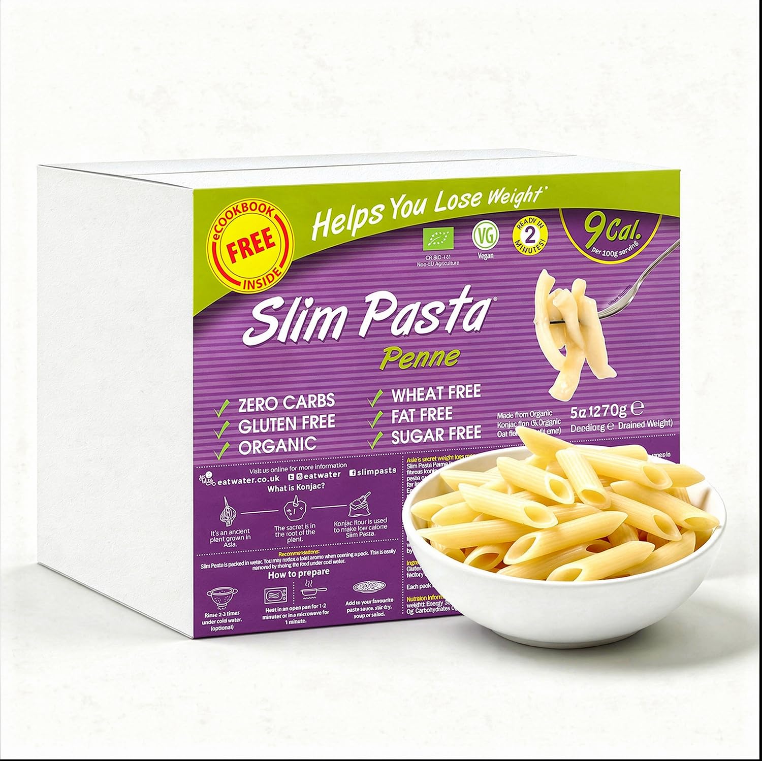 Eat Water Slim Pasta Penne Organic Enviro Pack of 5 * 270 Grams | Made from Organic Konjac Flour | Keto Paleo Diet and Vegan | Zero Sugar/Carbohydrate and Low Calorie Food