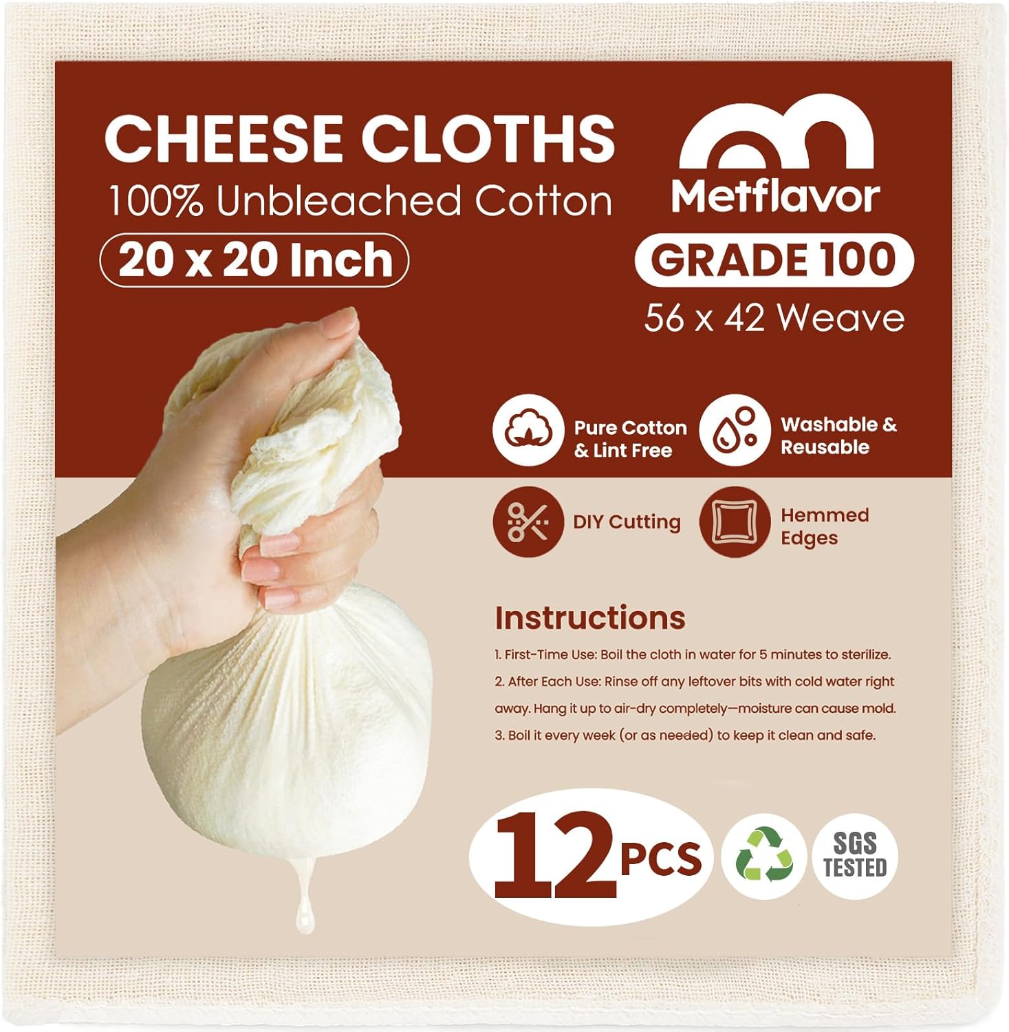 12Pcs Reusable Cheese Cloths 20x20 Inch, 100 Grade Cheesecloth Hemmed 4 Edges, 100% Unbleached Cotton Cheese Cloth Bag for Straining, Muslin Cloth Strainer for Baking, Juicing, Cheese, Crafts Making