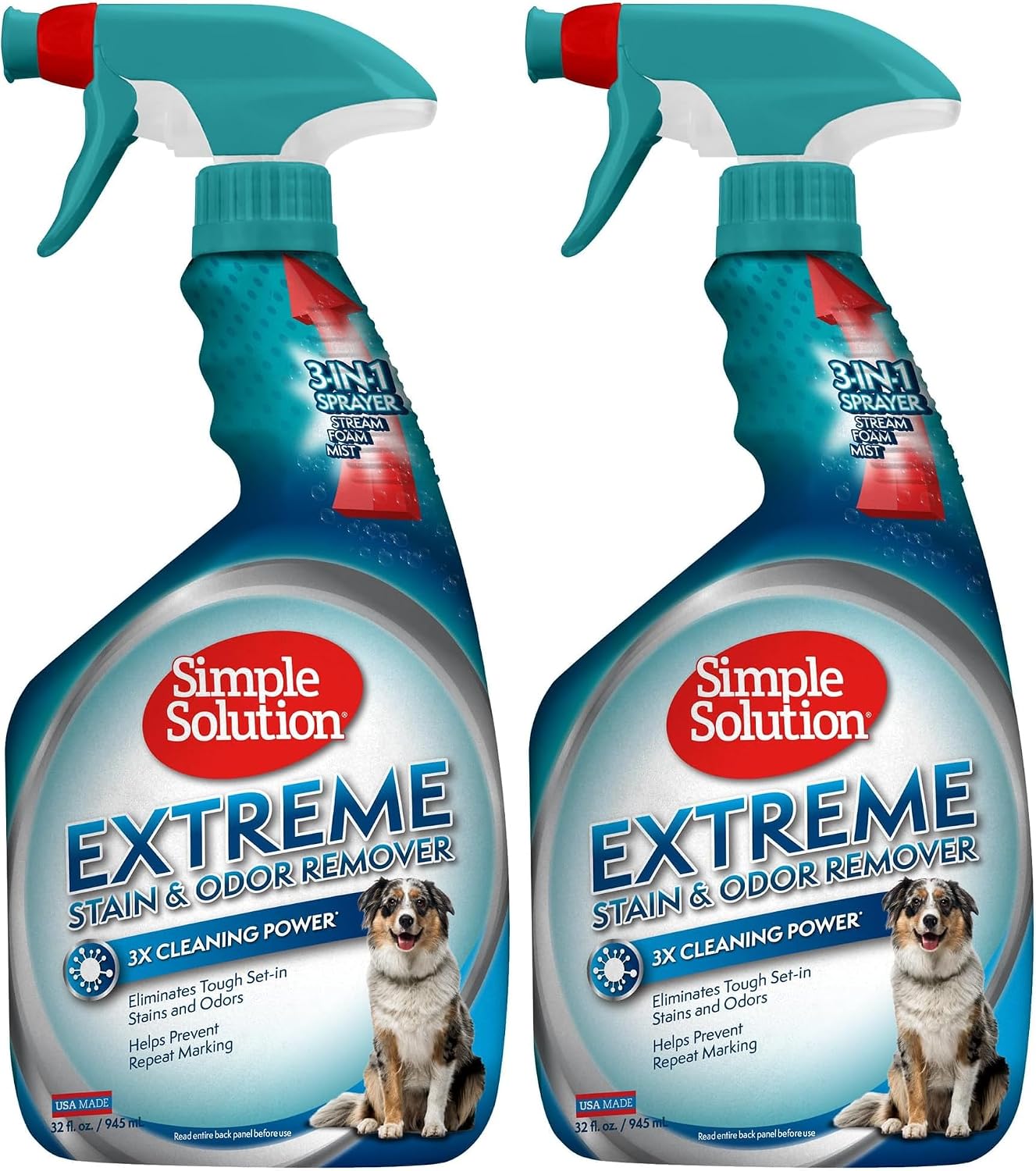 Simple Solution Extreme Pet Stain and Odour Remover, Enzymatic Cleaner with 3X Pro-Bacteria Cleaning Power - 945ml (Pack of 2)