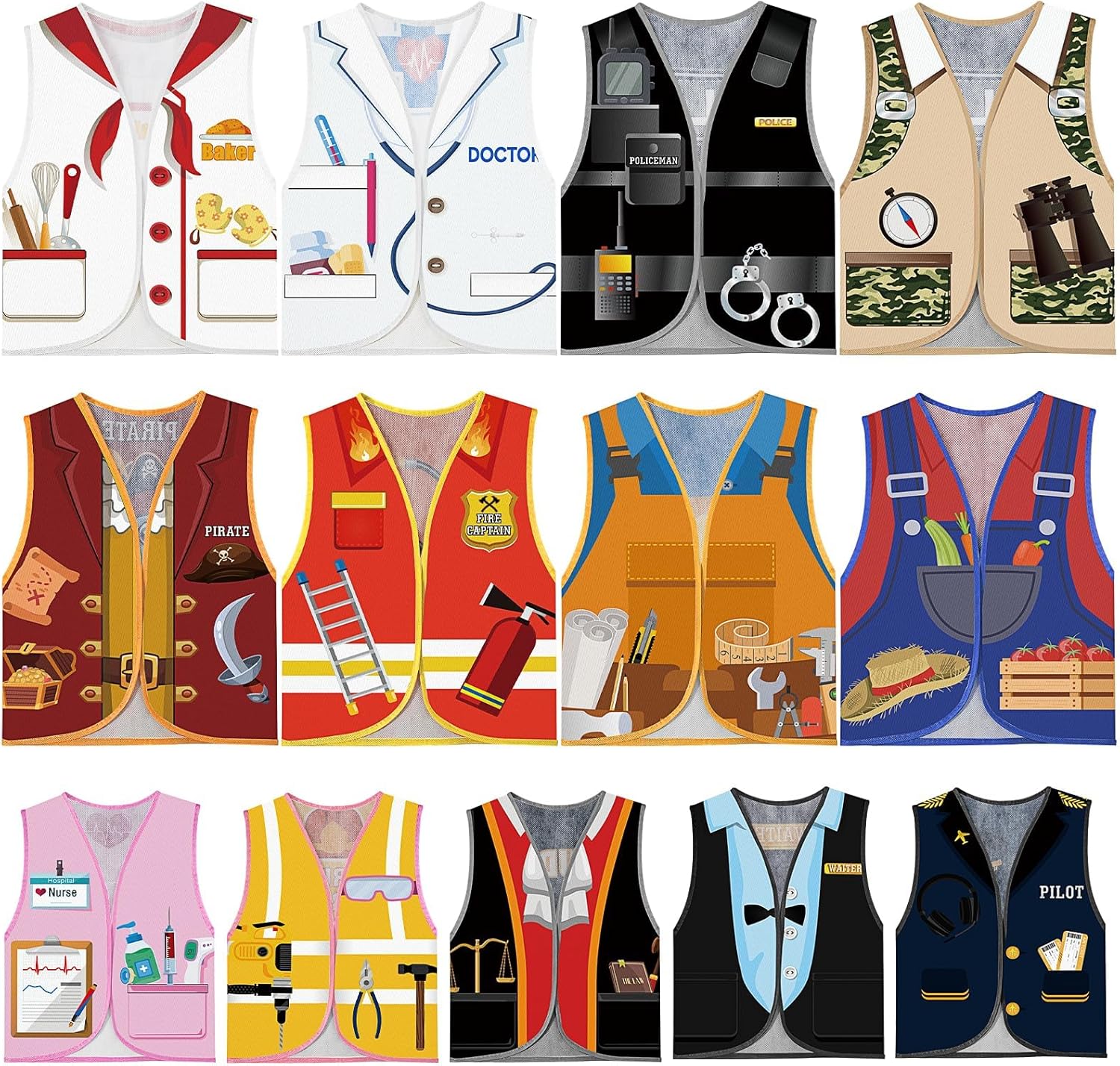 OGMBI 13 Pcs Kids Dressing up Vest Set, Toddlers Occupation Role Play Costume, Career Cosplay Clothes for Pretend Farmers Doctor Fireman Car Racer Pirate Police Cowboy Worker