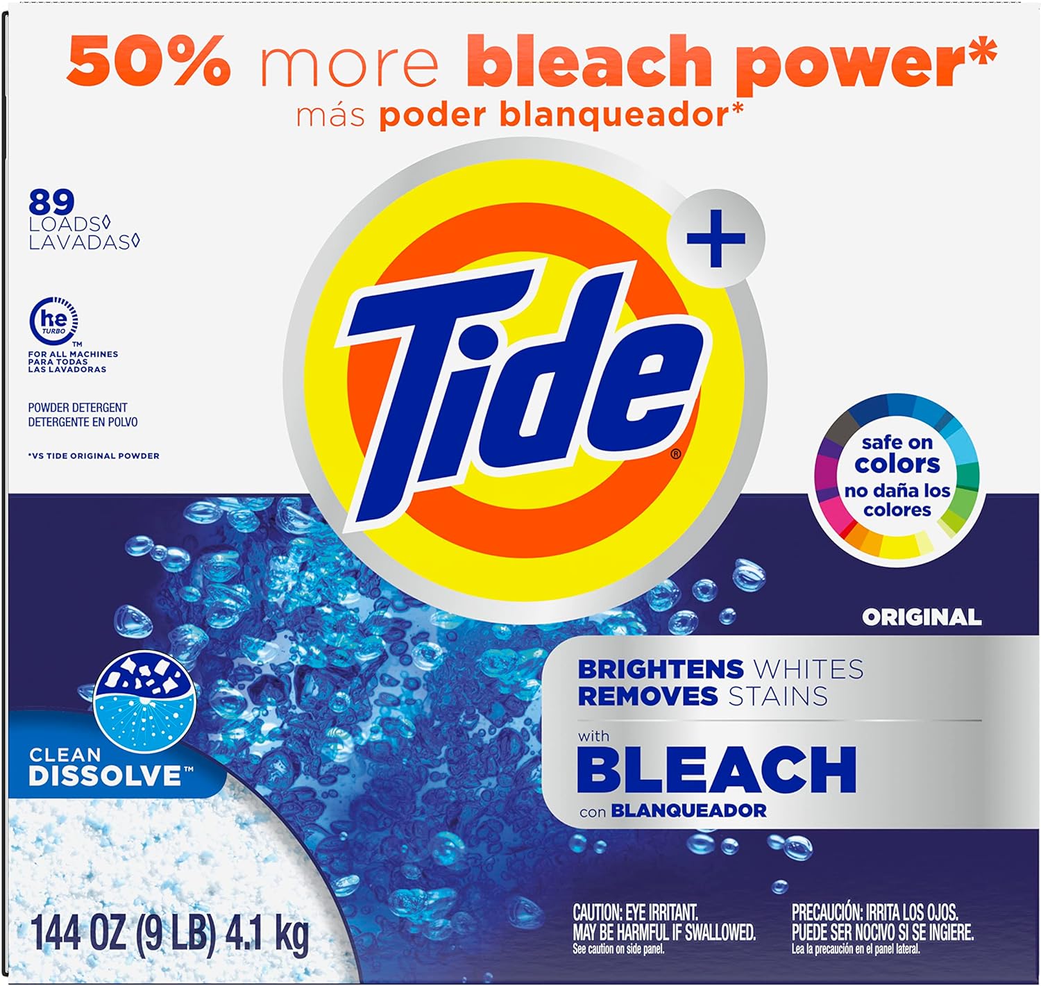 Tide Laundry Detergent with Bleach, Original Scent, Powder, 144oz Box