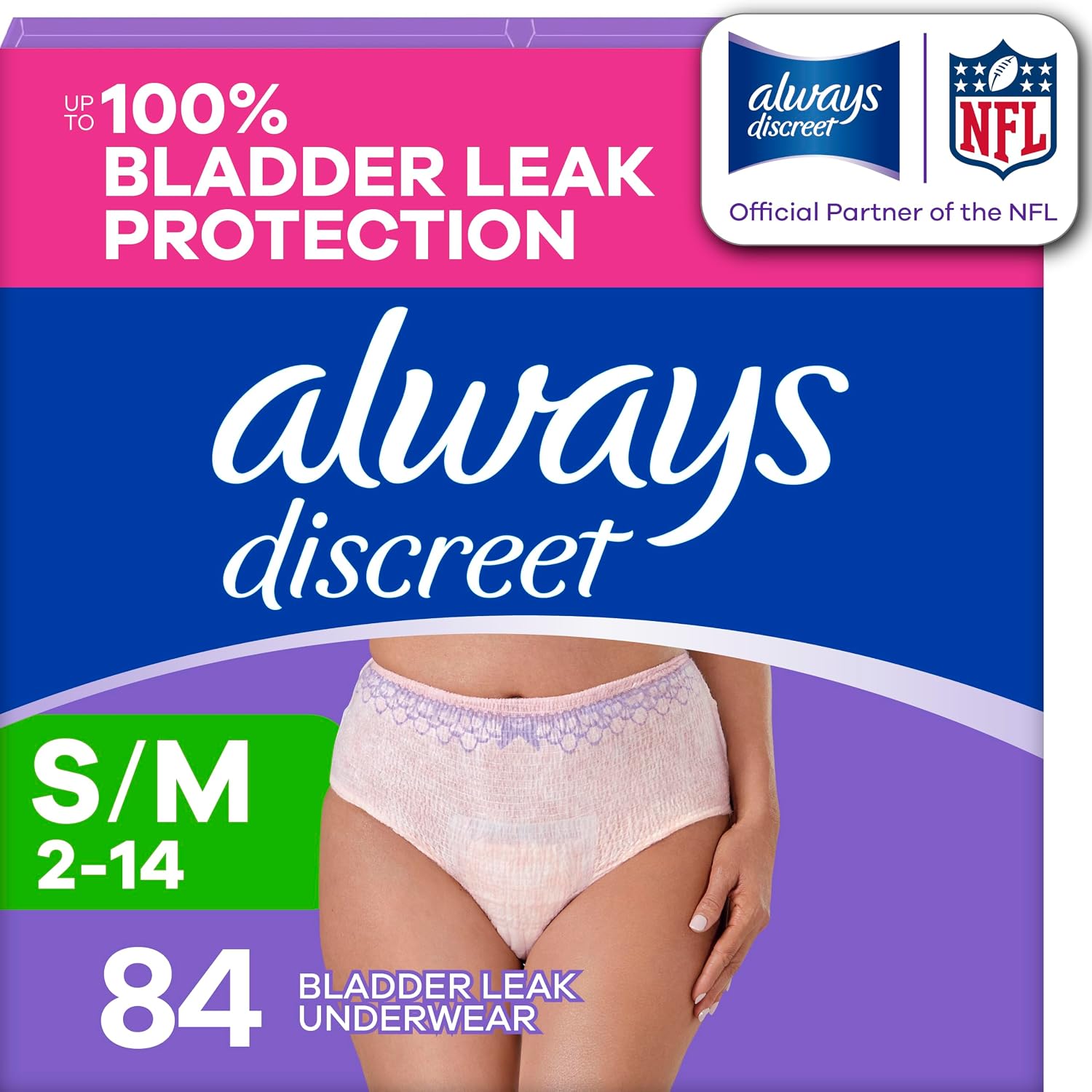 Always Discreet Adult Diapers for Women, Incontinence Underwear, Postpartum Essentials, Disposable Briefs, Max Absorbency, Bladder Leak Protection, Small/Medium, 84ct