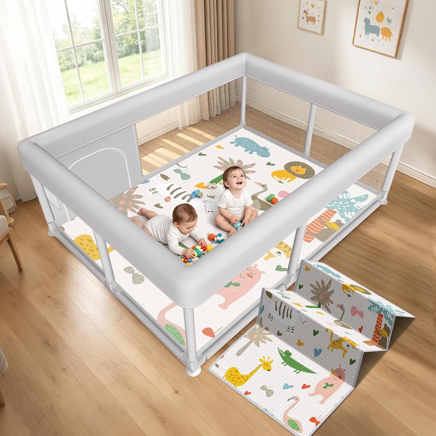 Hiaksedt Baby Playpen with Mat 65 "x 50 ", PlayPen for Babies and Toddlers | Sturdy Safety Play Yard for Indoor & Outdoor with Zipper Gates