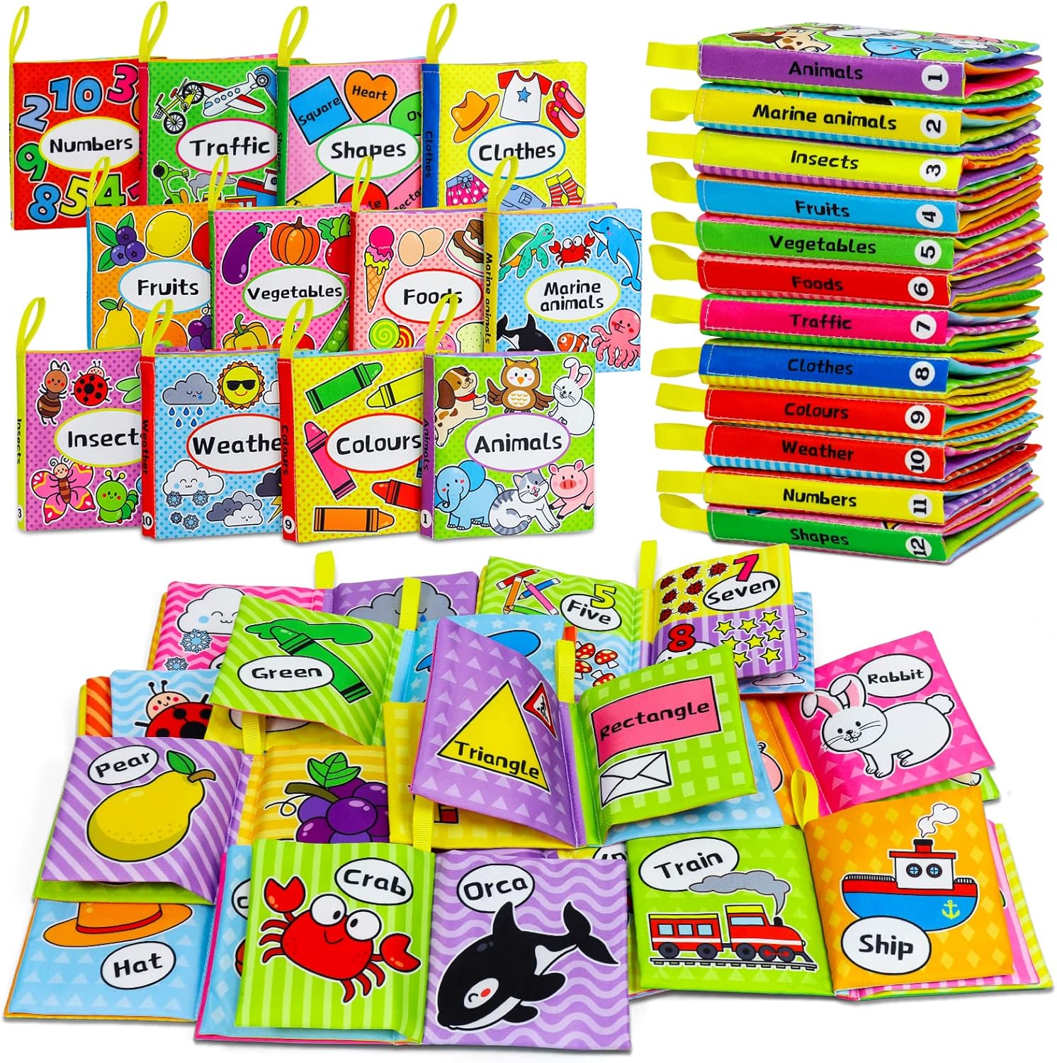 OKOOKO 12 Pack Soft Baby Book, Sensory Bath Toys, Cloth Books for Babies, Crinkle Books, High Contrast Book, Washable Nontoxic Educational Learning Toy