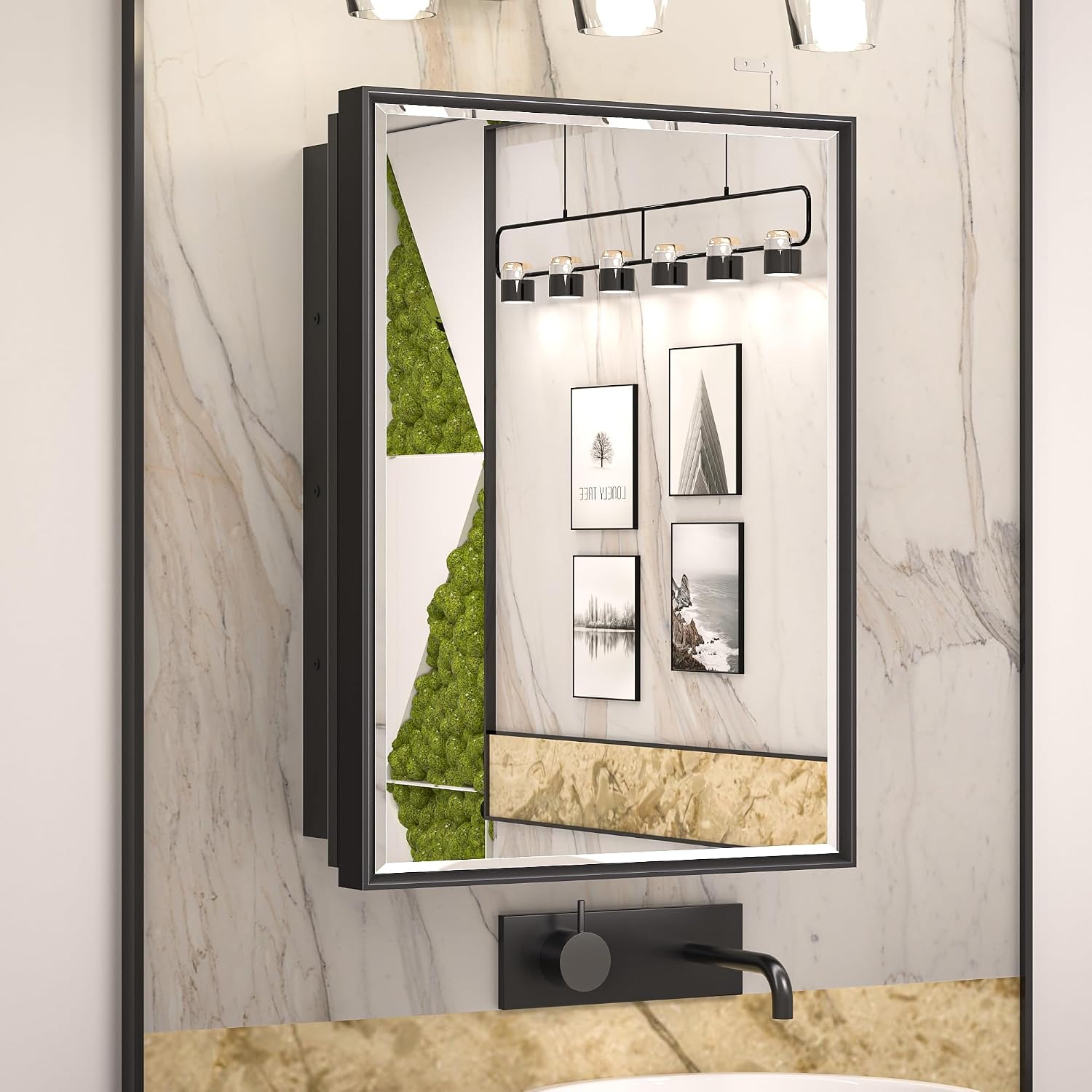 Keonjinn 17" x 25" Black Medicine Cabinets for Bathroom with Mirror Recessed or Surface Wall-Mounted Aluminum Alloy Framed Beveled Mirror, Single Door Metal Bathroom Vanity Mirror with Storage Cabinet