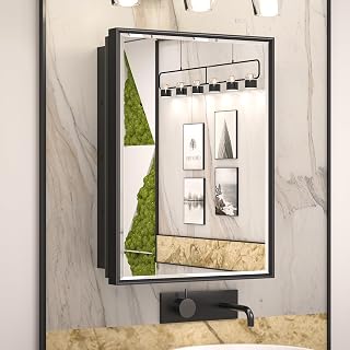 Keonjinn 17" x 25" Black Medicine Cabinets for Bathroom with Mirror Recessed or Surface Wall-Mounted Aluminum Alloy Framed Beveled Mirror, Single Door Metal Bathroom Vanity Mirror with Storage Cabinet
