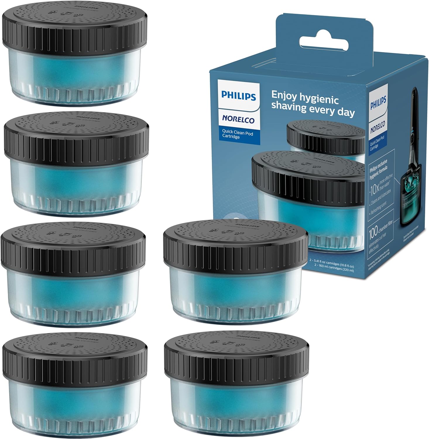 Norelco Philips Quick Clean Pod Cartridge, Lubricates Shaver & Eliminates Cut Hair, 6x 5.4 fl oz Cartridges (Up to 1.5yr Supply), BD9011AZ