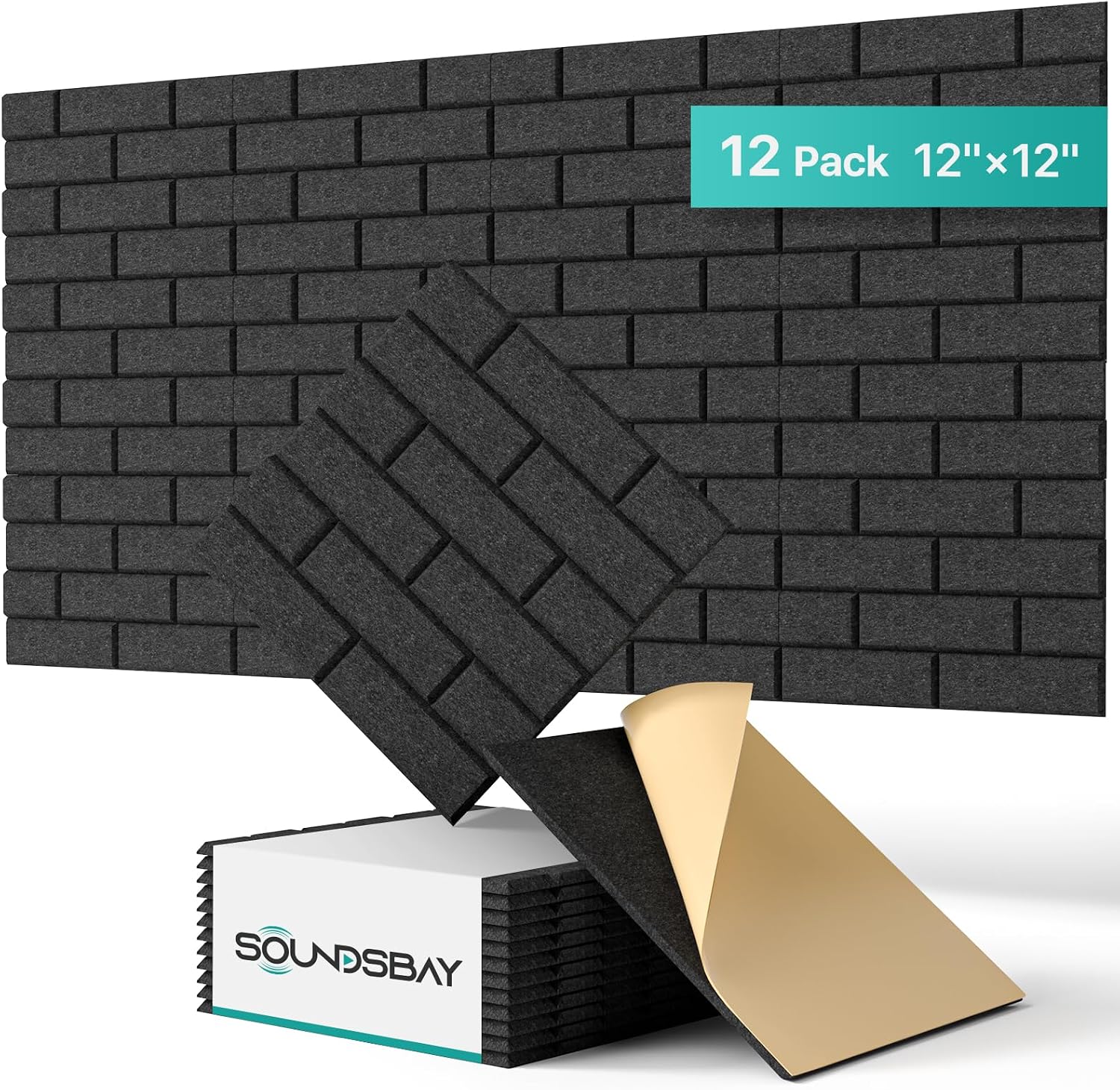 Soundsbay Brick Acoustic Wall Panels, 12 Pack Soundproofing Panels | Self-Adhesive High-Density Polyester, 11.6 sq ft Coverage, Sound Panels for Home Studio, Office, Recording Room 30x30cm Black