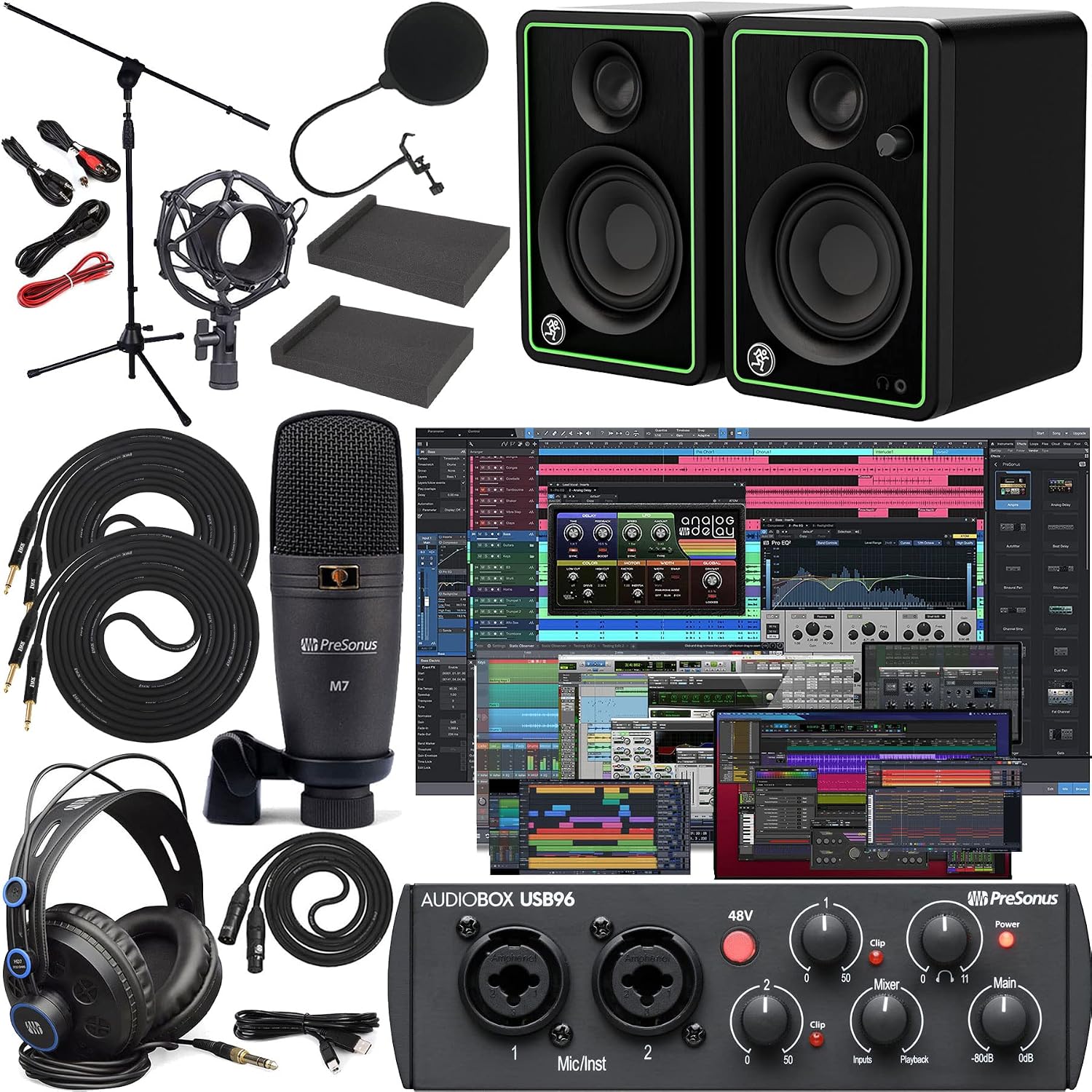 Presonus AudioBox 96 Studio Audio Interface with Creative Software Kit and Studio Bundle and CR5-X Pair Studio Monitors with Isolation Pads with and 1/4 Cables
