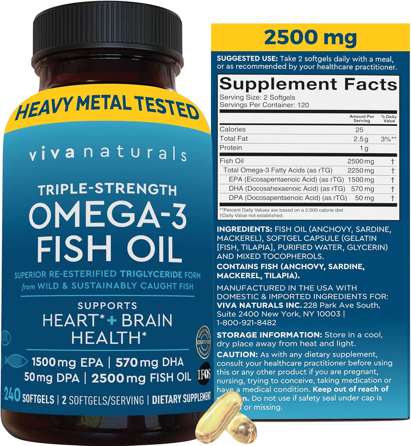 Viva Naturals Omega 3 Fish Oil Supplement for Women and Men - 2500 mg Triple Strength Fish Oil Pills with Re-Esterified Omega 3 Fatty Acids Including EPA, DHA DPA - 240 Pescatarian-Friendly Softgels