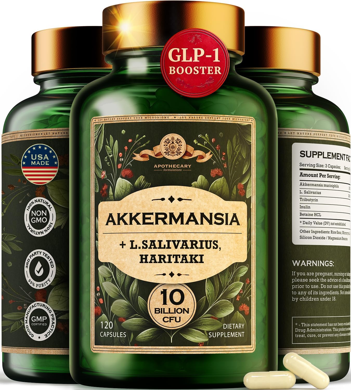 Akkermansia Probiotic - 10 Billion CFU GLP-1 Booster with Lactobacillus Salivarius, Betaine HCL, Haritaki, Inulin, Tributyrin - Fiber Supplement for Gut Health & Weight Management