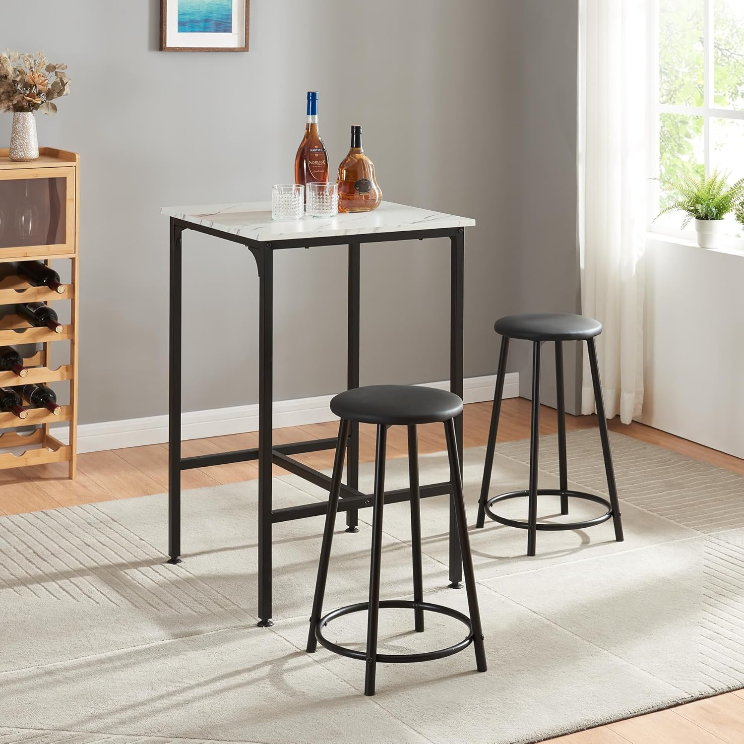 Panana 3pcs Pub Dining Set, Industrial Counter Height Dining Bar Table with 2 Stools (White Black)