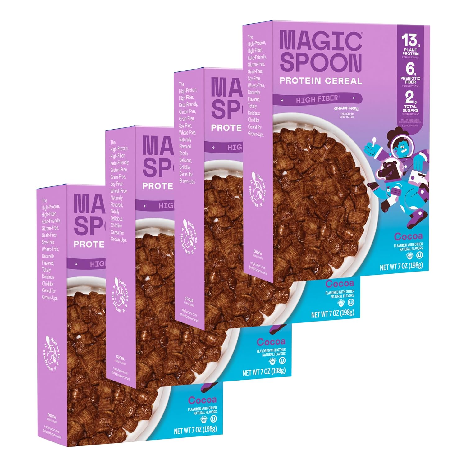 Magic Spoon High Fiber Cereal - Plant-Based High Protein Cereals - Low Sugar Snack & Breakfast - Grain & Gluten Free Low Carb & Keto Friendly Healthy Snacks for Kids & Adults - 4 Pack, Cocoa