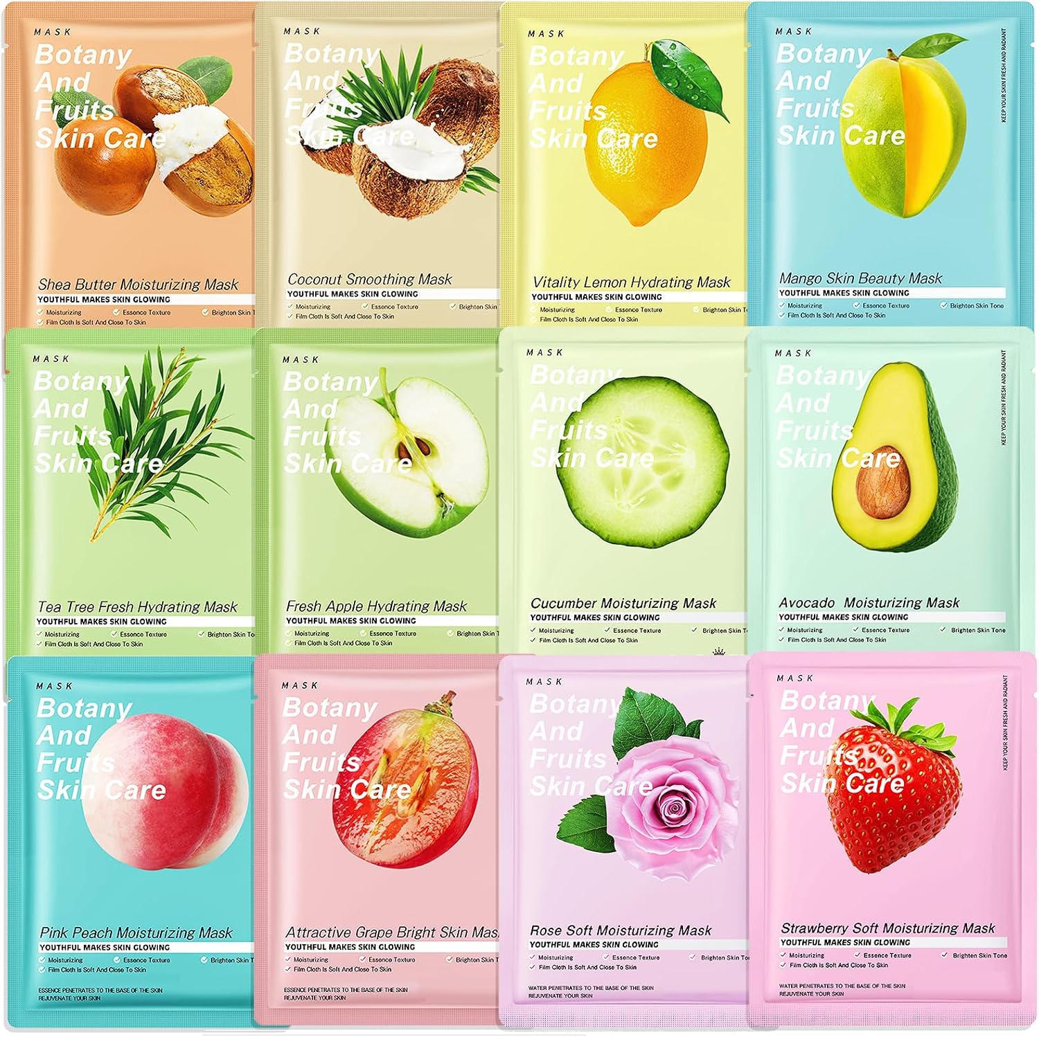 12 pcs Daily Care Face Sheet Mask,Hydrate,Moisturize,Soothe,masks beauty face mask set,Hydrating & Soothing Face Mask,for a lot of Skin Type,Multipack Sheet Masks Moisturizing Repairing