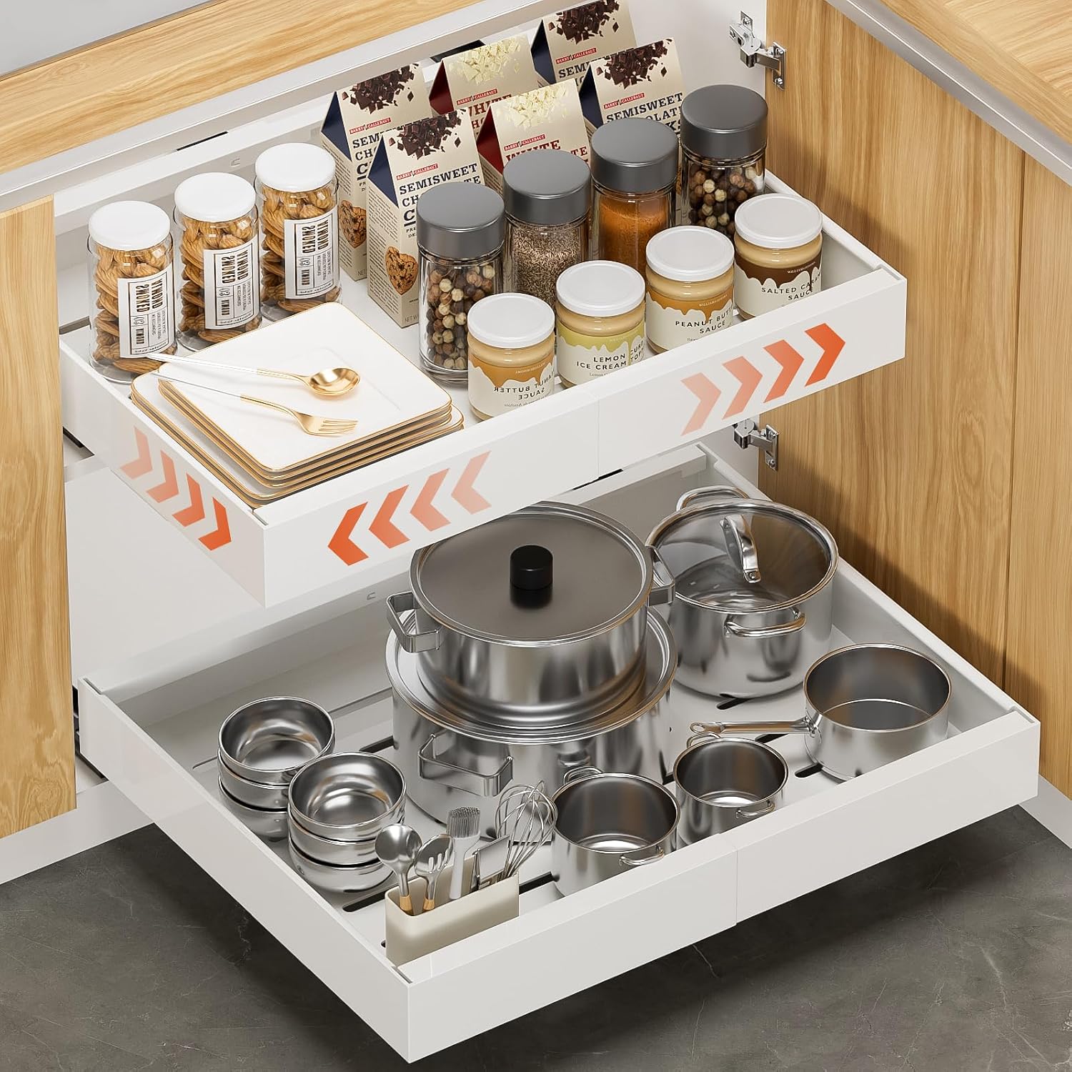 2 Pack 16.5" Deep Pull Out Cabinet Organizer, Upgrade 3 Slide Rails Slide Out Drawers for Kitchen Cabinets, Adjustable Width (12.2"-20.4") Pull Out Drawers for Frameless Cabinets