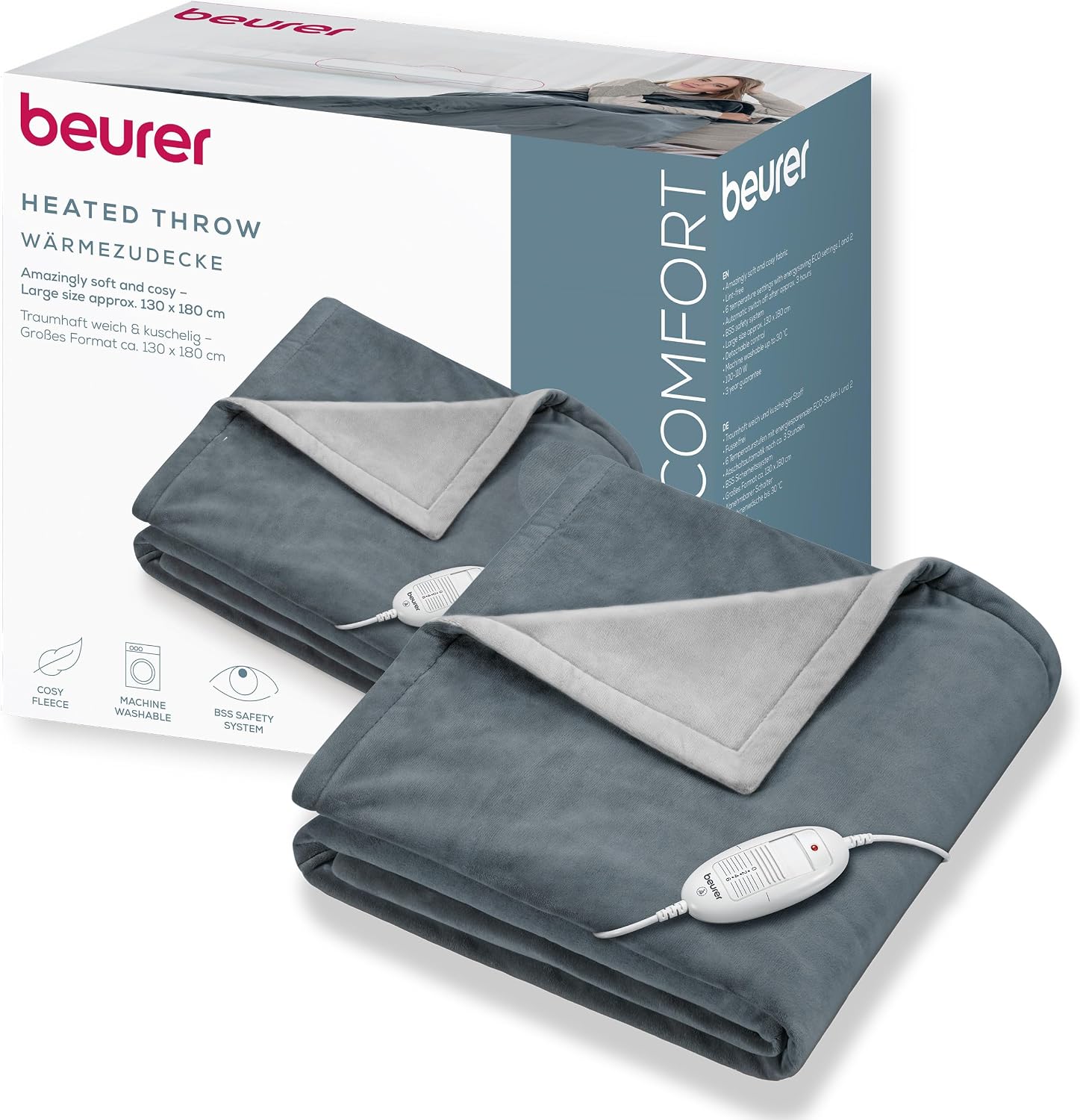 Beurer HD75 Electric Blanket with 6 Temperature Settings, Soft Heated Throw for Cosy Sofa Nights, Automatic Switch-Off & Safety System, Machine-Washable, Grey, 180 x 130 cm, 100 watts