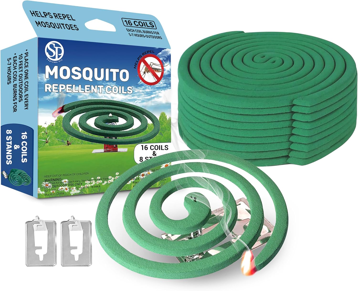 Mosquito Repellent Coils - Outdoor Use Reaches Up to 10 feet - Each Coil Burns for 5-7 Hours (Four Pack Contains 16 coils & 8 Coil Stands)
