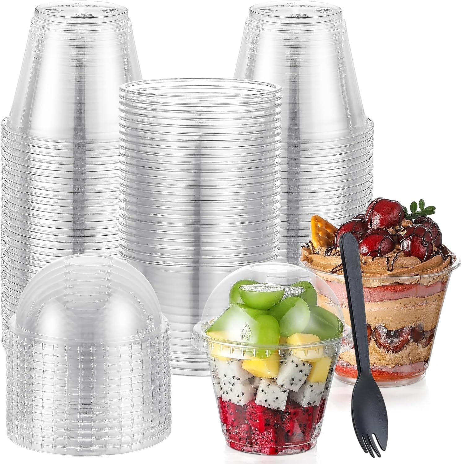LATERN 50Pcs Plastic Dessert Cups with Dome Lids, 270ml Round Dessert Cups Clear Parfait Appetizer Cup Reusable Serving Bowl with Sporks for Desserts Pudding Mousse Party (9.5cm x 7cm)