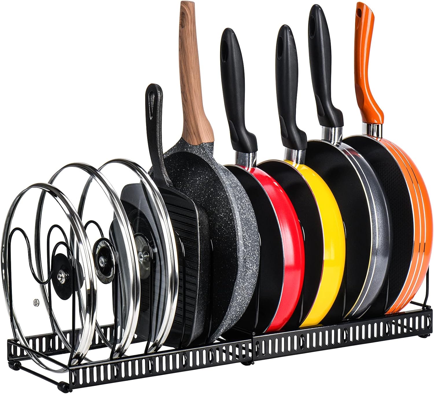 Toplife Expandable Pans Organiser Rack, 10 Adjustable Compartments, Pantry Cupboard Bakeware Lid Plate Holders, Black