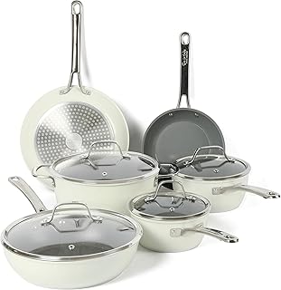 Sur La Table Kitchen Essentials 10 Piece PFA Free Non-Toxic Titanium Ceramic Nonstick Interior Forged Aluminum Cookware Pots and Pans Set - Linen White - Induction Compatible
