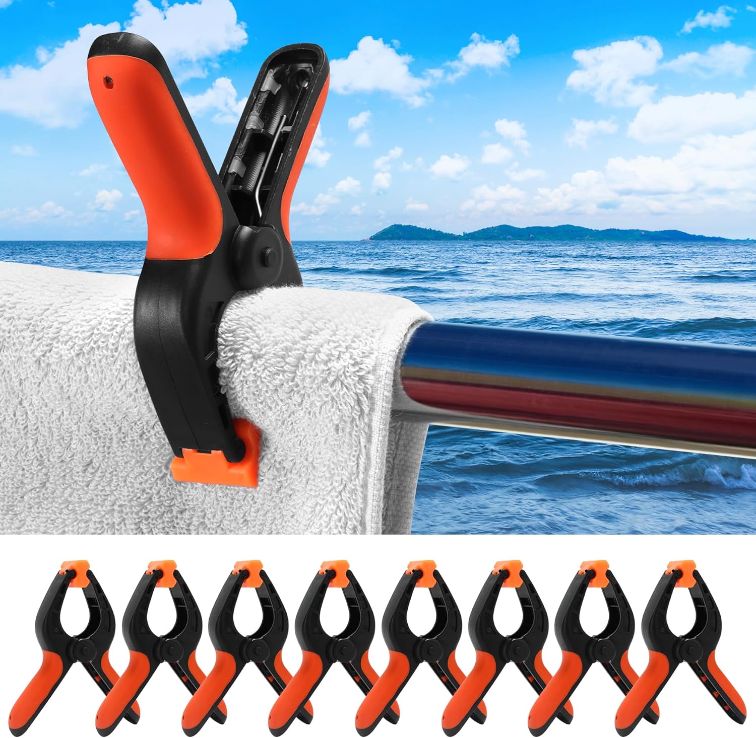 Spring Clamps 8 Pack Marine Boat Rail Towel Clips-Storm Proof &Dual Locking Technology Pontoon Boat Clips- Purpose Towel Clips for Boat, Chairs, Camping, Fishing, Tarps