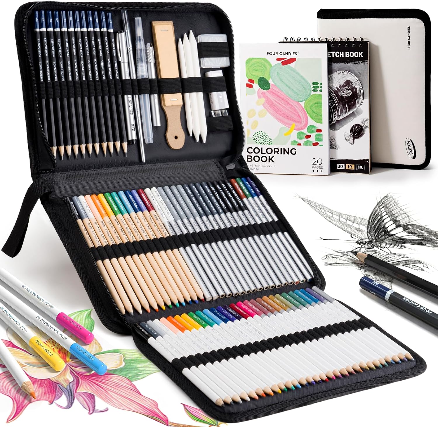 Four Candies 85 Pack Sketching Kit for Artist Gifts & Art Supplies | Drawing Set with Colored Pencils, Sketchbook, Coloring Book, Complete Art Set in Zipper Case for Adult, Teens & Beginner