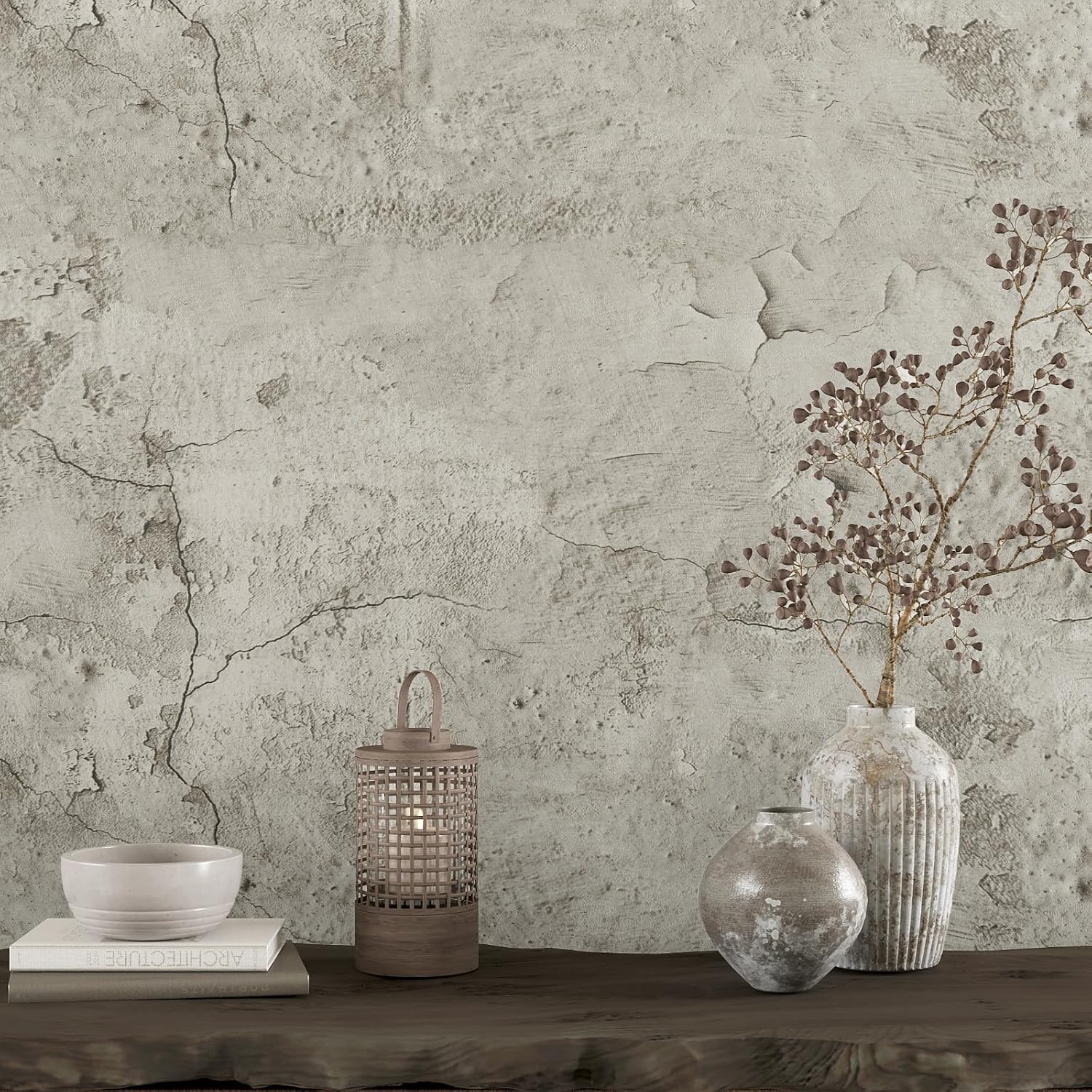 VEELIKE 15.7''x118'' Old Cracked Beige Concrete Wallpaper Peel and Stick Removable Industrial Wallpaper for Bedroom Living Room Accent Wall Self Adhesive Concrete Contact Paper for Countertops Walls
