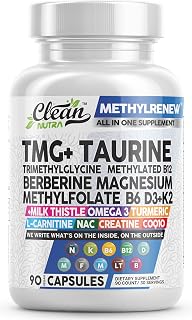Clean Nutra TMG Taurine Supplement - Methylated Multivitamin with B6 Vitamins, B12, D3 K2, Berberine, Magnesium Methylfolate Milk Thistle Omega 3 Turmeric NAC L Carnitine Creatine COQ10 & More, 90 Ct