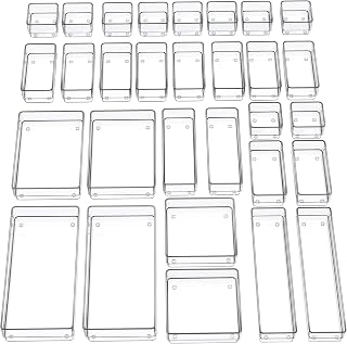 SMARTAKE 30-Piece Drawer Organizer with Non-Slip Silicone Pads, 7-Size Desk Drawer Organizer Trays Storage Tray for Makeup, Jewelries, Utensils in Bedroom Dresser, Office and Kitchen (Clear)