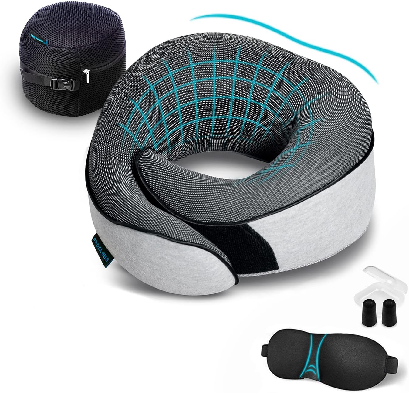 Proglobe Travel Pillow, Memory Foam Neck Pillow Set, Orthopedic Pillow, Travel Essentials for Flying, Kit with 3D Contoured Sleep Mask, Earplugs and Luxury Mesh Bag (Grey)