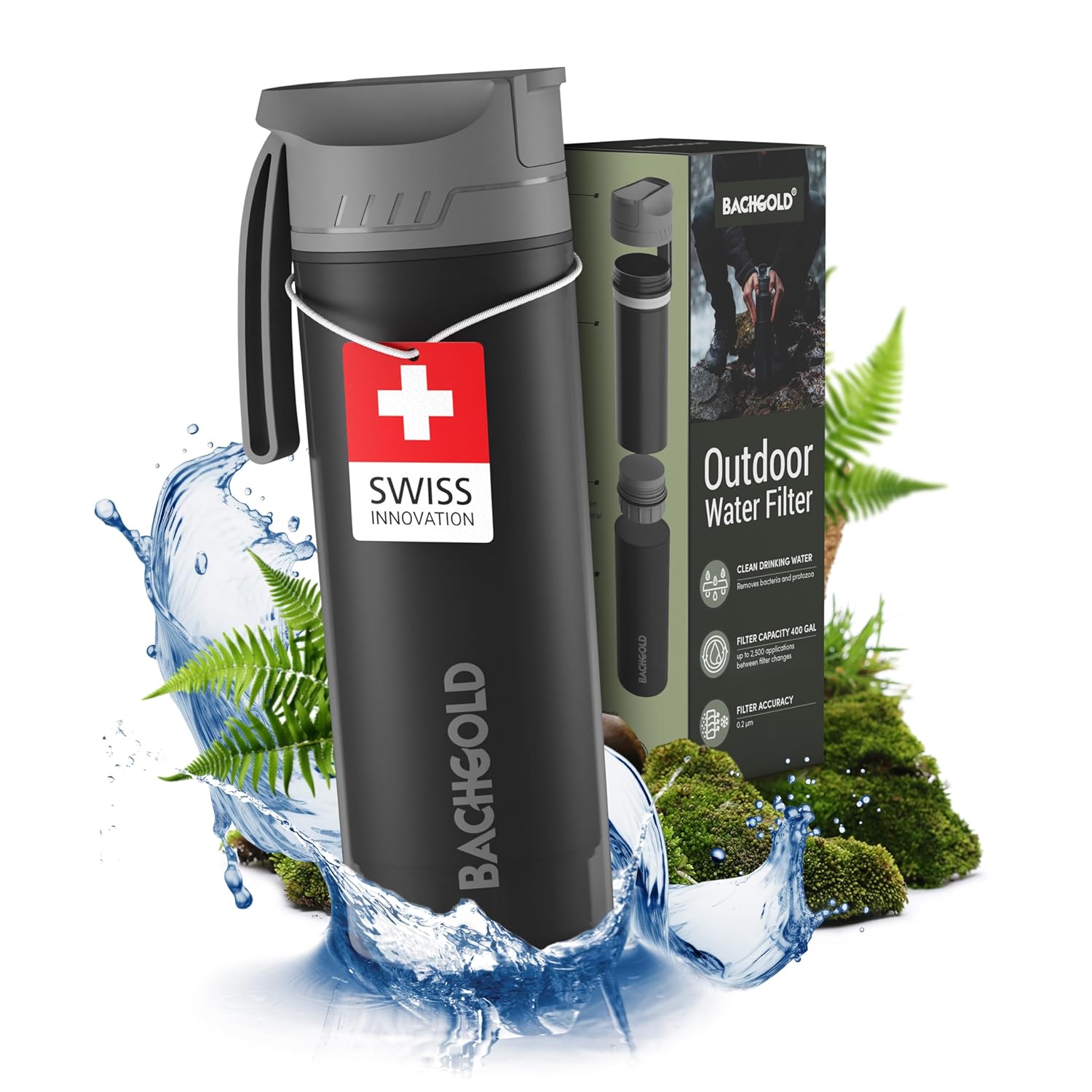 Bachgold Water Bottle with Filter - Water Filtration System Survival-Water Bottle - Portable Water Purifier - 99.99% Clearly Filtered Water - Health-Aware & Long-Lasting Water Filter Bottle