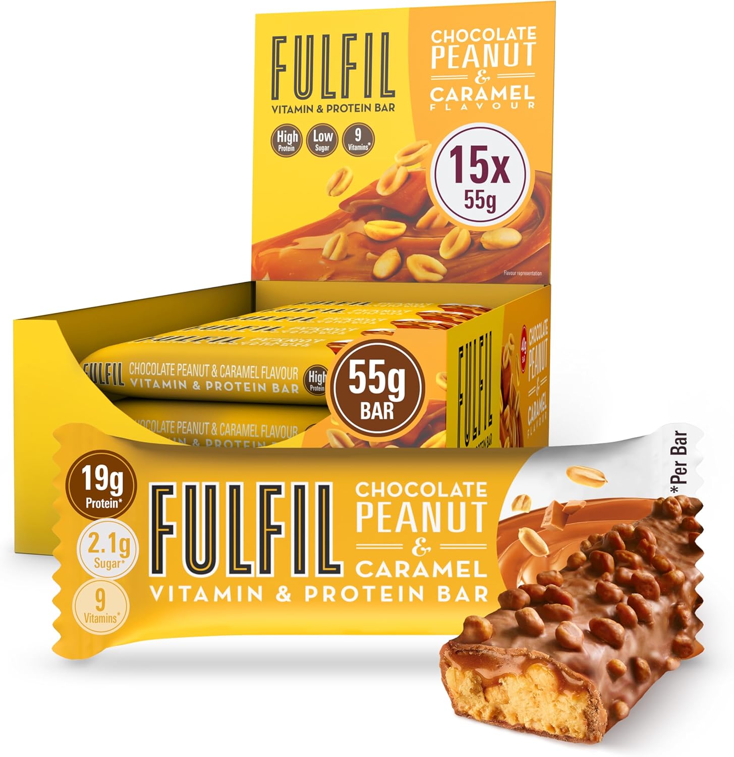 FULFIL Vitamin and Protein Bars (15 x 55 g Bars) - Chocolate Peanut & Caramel Flavour - 20 g High Protein, 9 Vitamins, Low Sugar