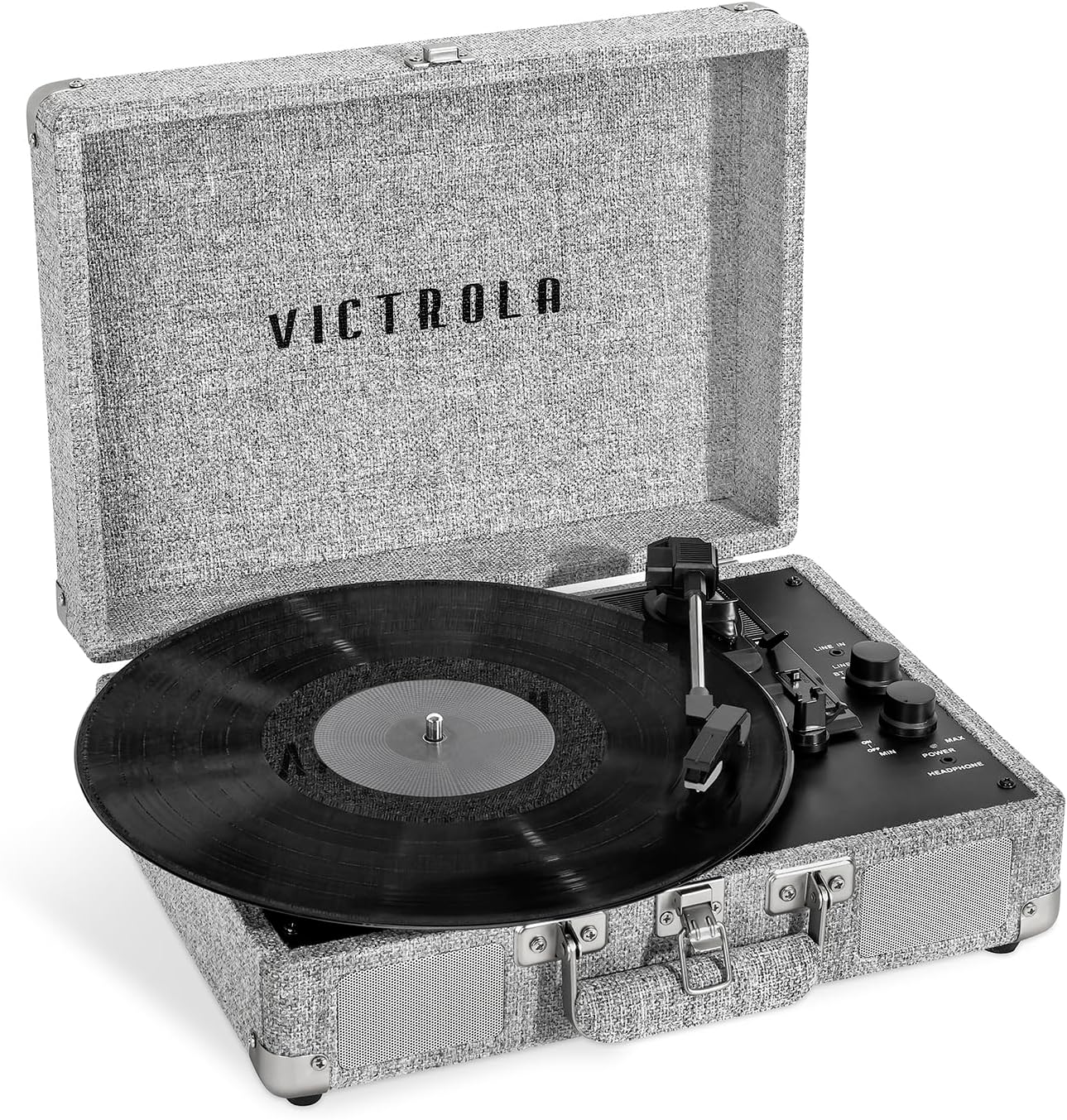 Victrola Journey+ Signature Turntable Record Player – 33-1/3, 45 & 78 RPM Suitcase Vinyl Record Player, Bluetooth Connectivity & Built-in Speakers, Stereo RCA Output, Linen Finish (Light Grey Linen)