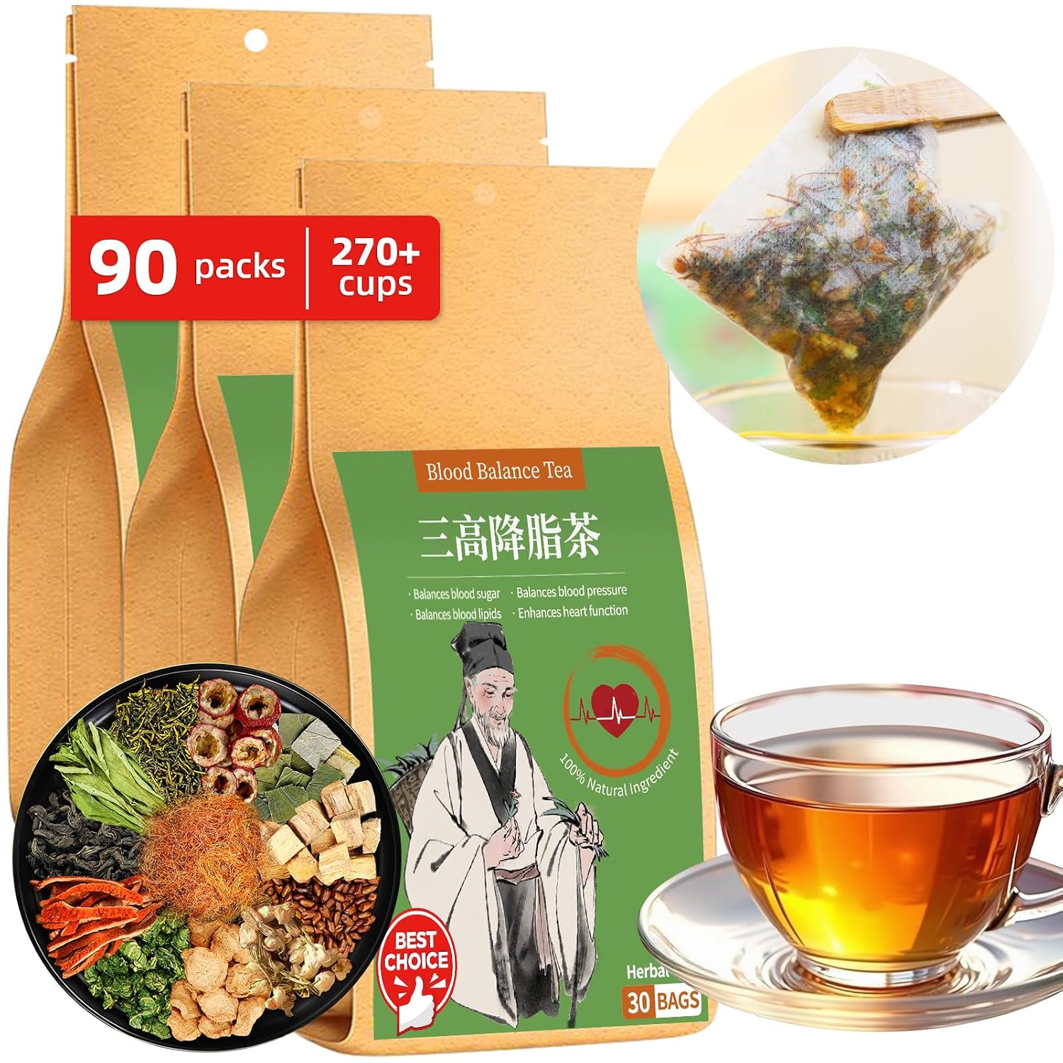 Baihuatang Blood Pressure Tea Bags |5g X 90 Bags 15.83oz Natural Chinese Blend Herbal Tea |Mulberry Leaf & Lotus Leaf Blend with Corn Silk | Caffeine-Free| Cardiovascular Wellness & Metabolism