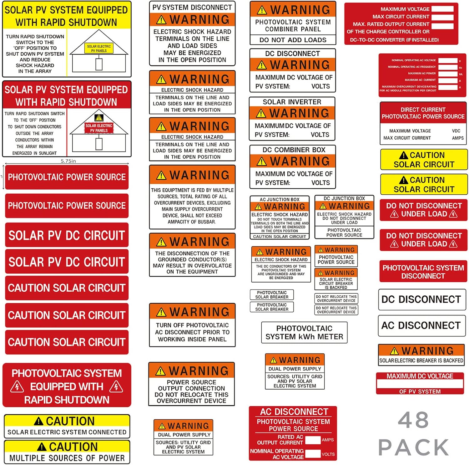 Joyfulmap 48 Pack PV Solar System Install Label Kit, Heavy Duty Vinyl, Waterproof, Durable, Removable, NEC 2017/2020 Requirements, Solar Panel Accessories, Labels