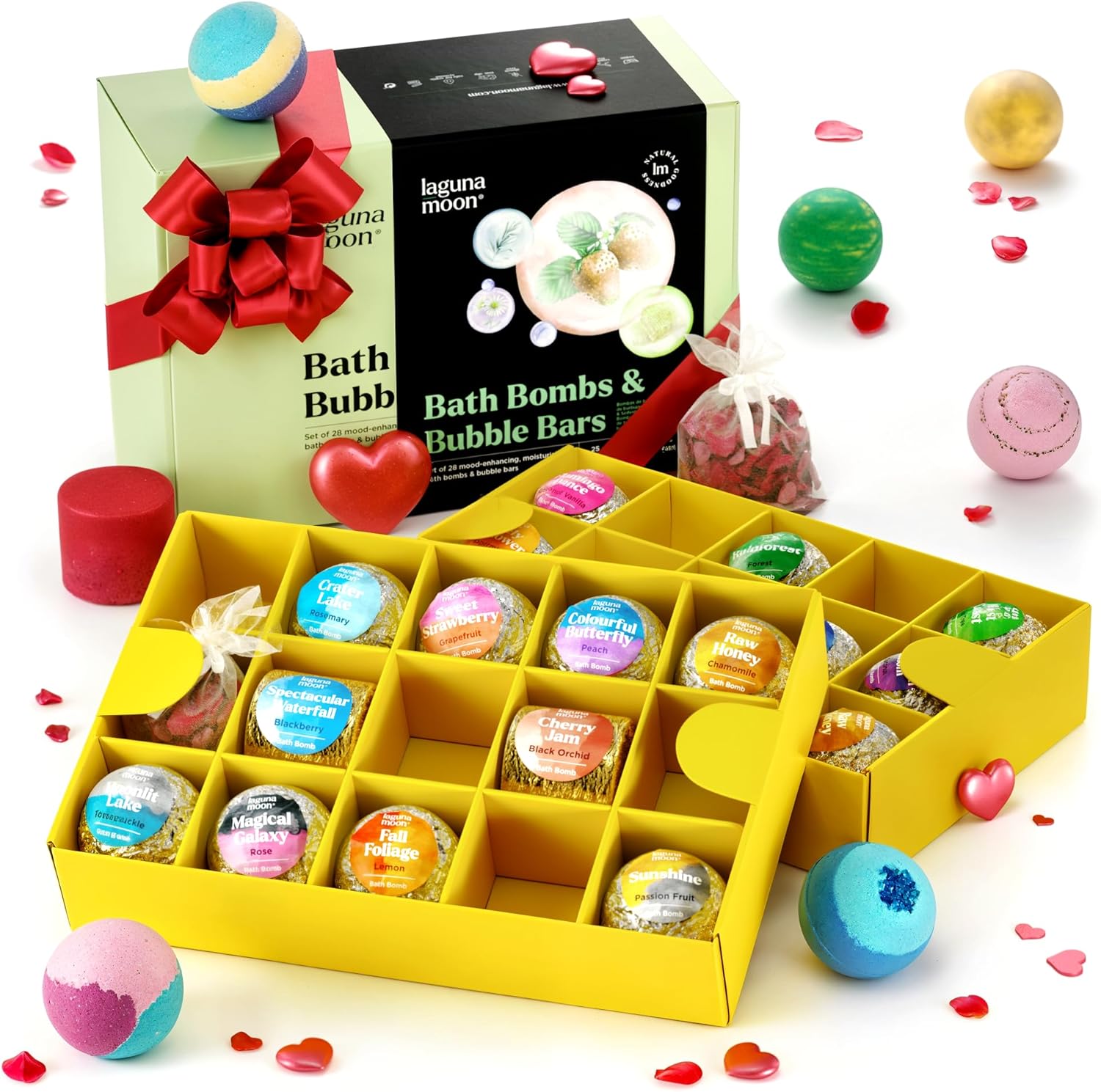 Bath Bombs 28pc Gift Set, Lagunamoon Handmade Bath Bombs, Bubble Bar for Bubble Baths, Highly Concentrated with Essential Oils, Fizzy Spa Kit - Best Birthday Valentines Gifts for Women, Men, Kids