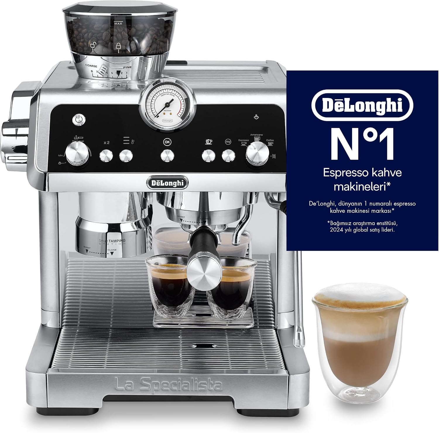 De'Longhi La Specialista Opera EC9555.M, Espresso Coffee Machine with Integrated Coffee Grinder, Cold Brew Function, Milk Frothing Wand, Includes Welcome Set Accessories, 1550W, Metal