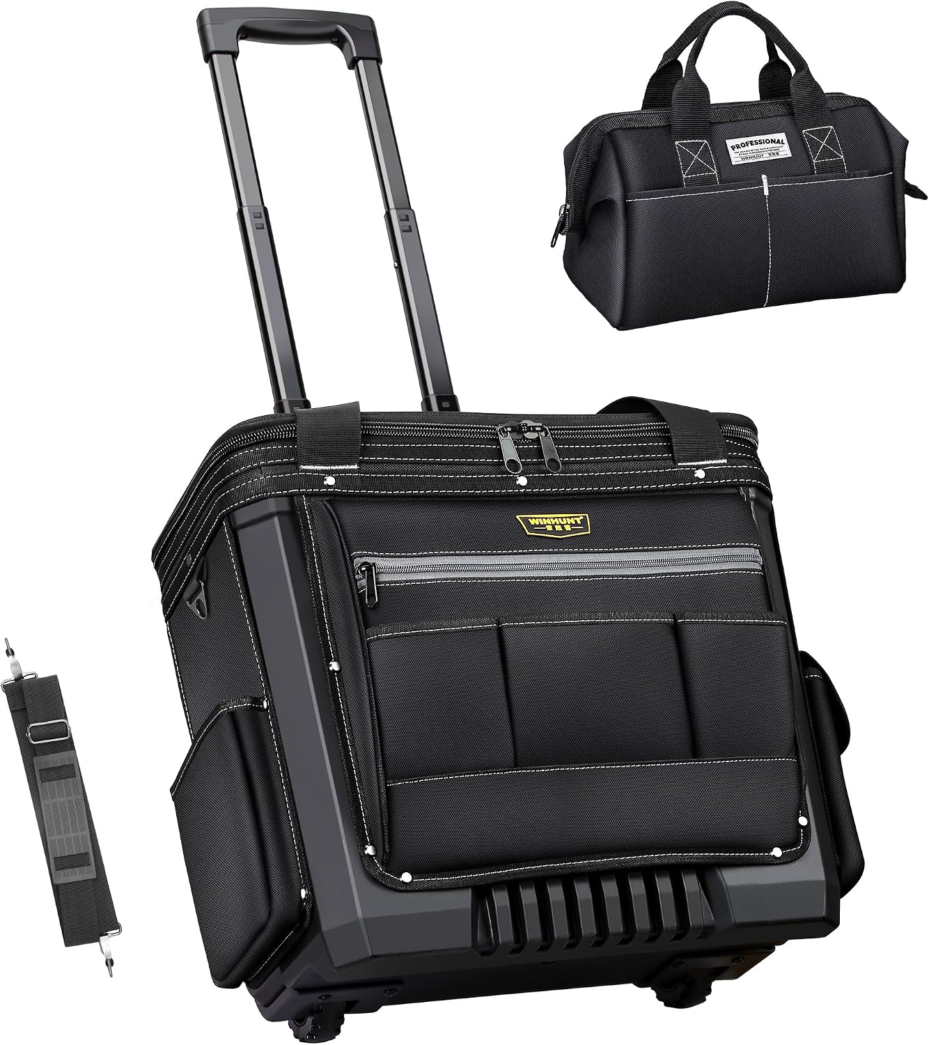WINHUNT Rolling Tool Bag, 20'' Tool Bag with Wheels, Telescoping Handle Storage Organizer, Heavy Duty Portable Tool Tote for Electrician, Construction, Black