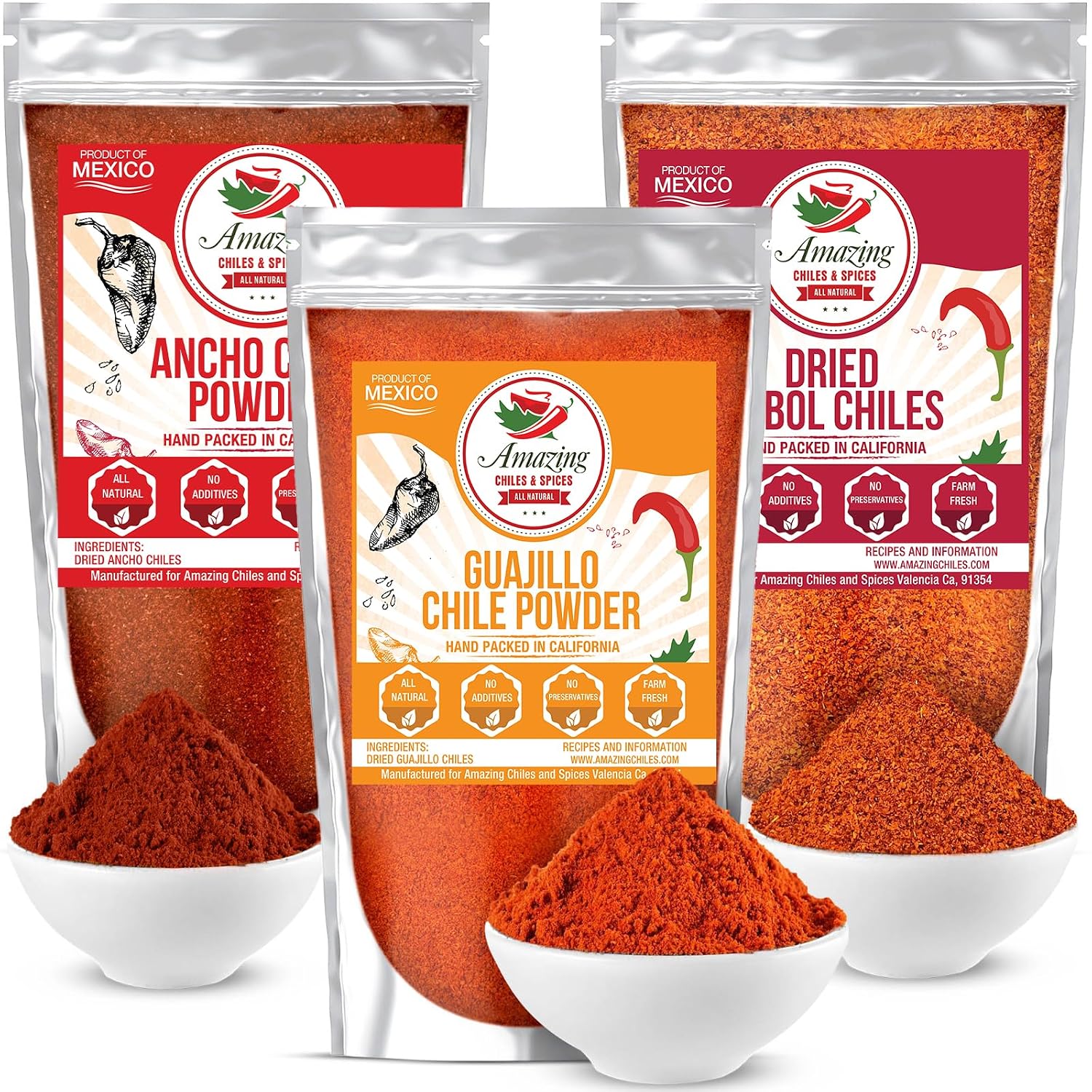 Chile Powder Variety Pack 4oz each Ancho Guajillo Arbol Ground Chili Pepper
