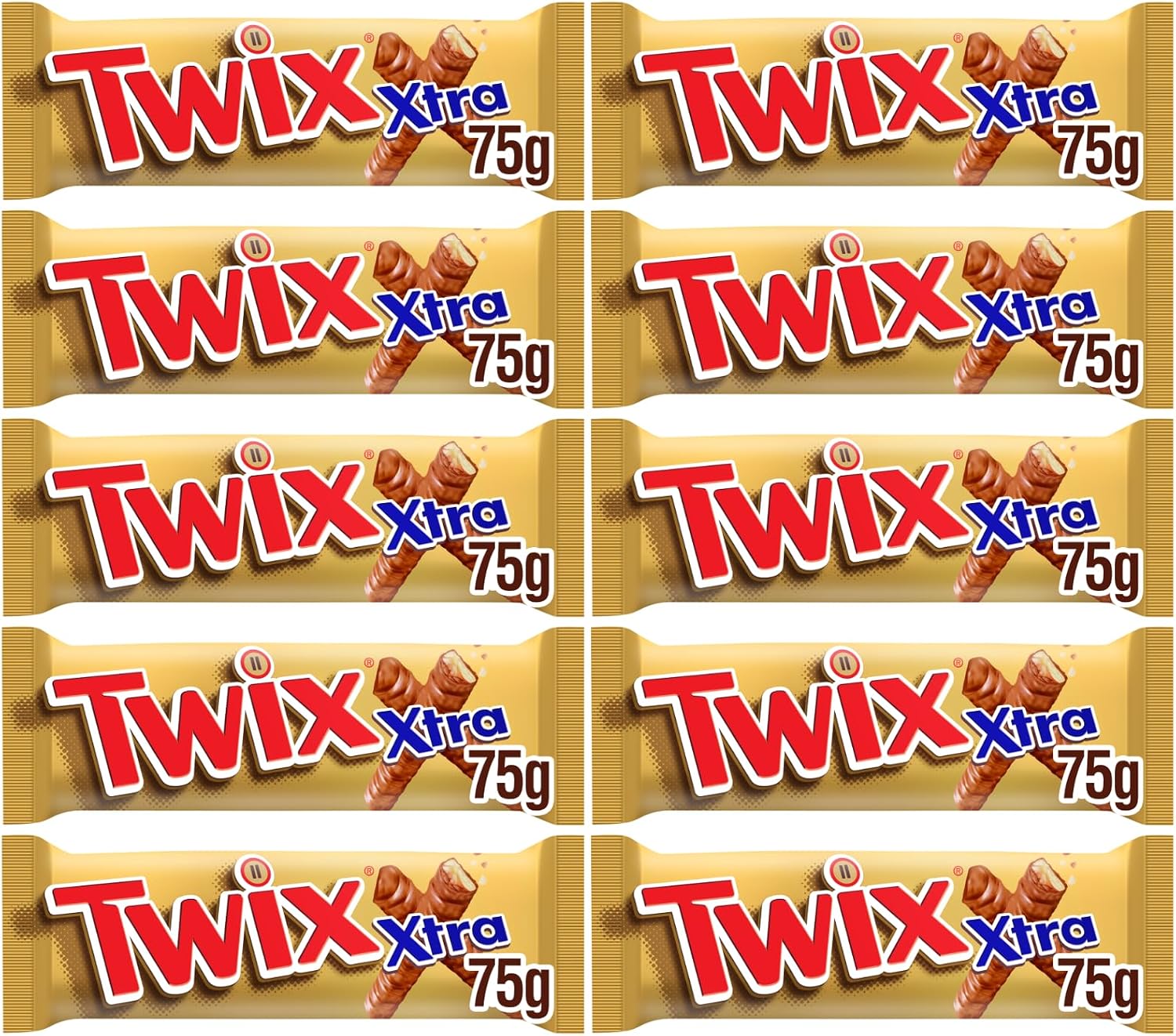 Twix Xtra Chocolate Biscuit Twin Bars, 75g, Ideal Present for Christmas -Treat Share for Adults and Kids (10 Pack)