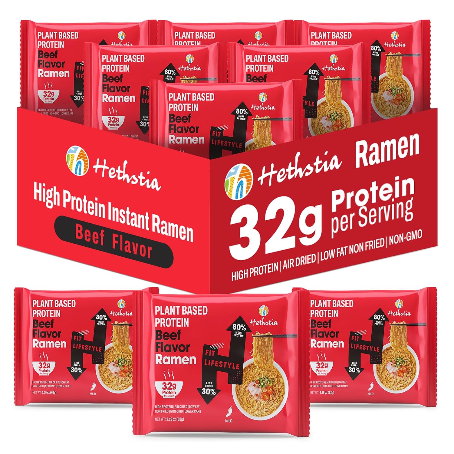 Hethstia Protein Ramen Spicy Beef Flavor, 6-Pack Instant Noodle Soup, 32g Plant-Based Protein, Vegan, Non-GMO, Low Fat, Healthy High Protein Ramen Meal