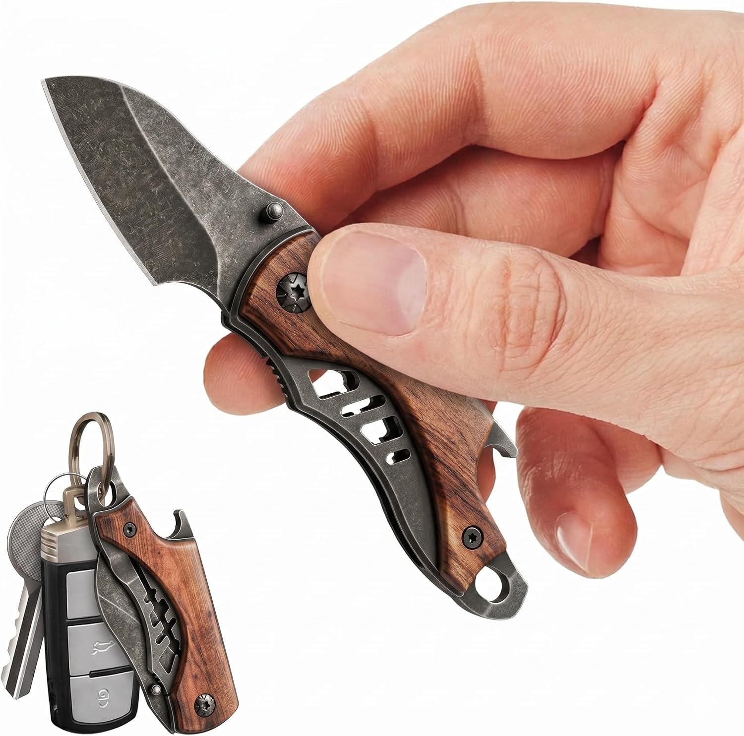 Small Pocket Knife for Men - 5.7’’ Folding Knife with Bottle Opener - Box Cutter - Wood Handle - Liner Lock - Legal Folding Small Knife - Cool Sharp Tiny EDC Gadgets - Gift for Everyone 6779 N