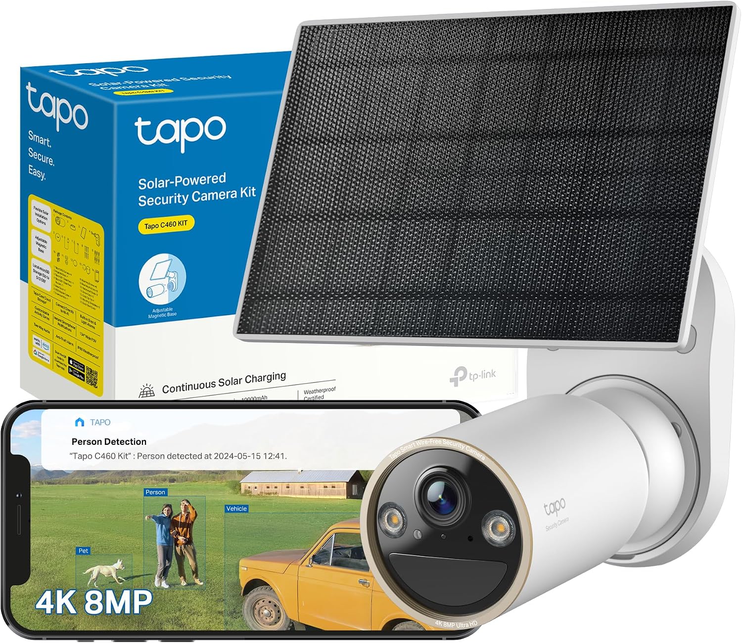 Tapo C460 KIT 4K 8MP Battery Solar Security Camera Outdoor Wireless, CCTV, Ultra HD, No Monthly Fee, AI Detection, Two-way Talk, IP66, Starlight Colour Night Vision, Works with Alexa & Google
