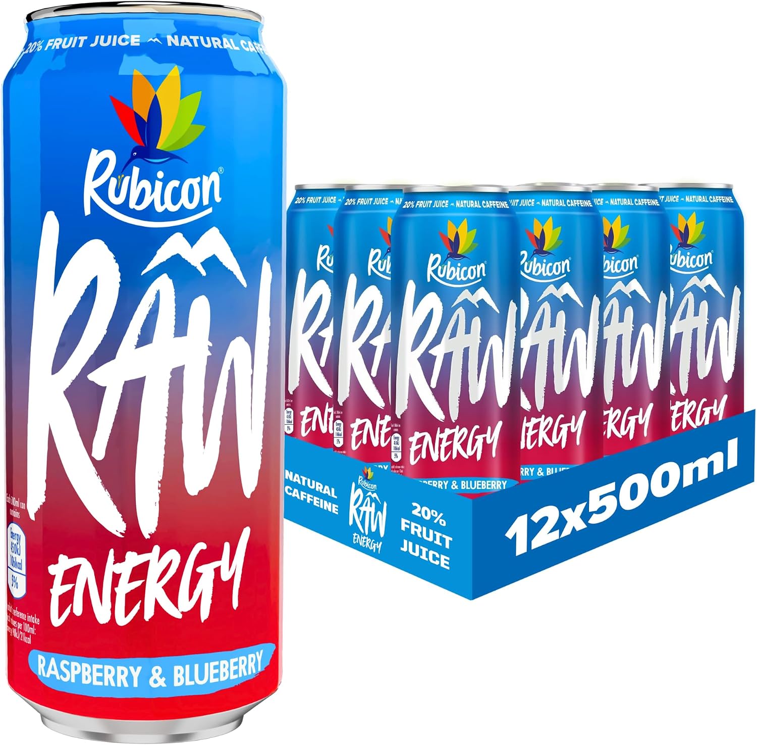 Rubicon Raw Raspberry Blueberry Energy Drink, 12 Pack, 500ml Cans