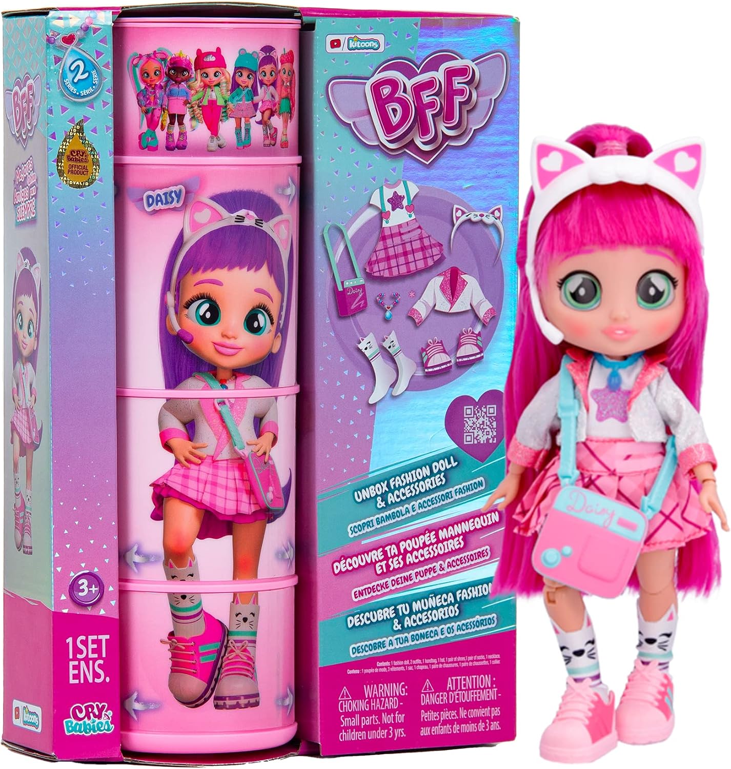 BFF by Cry Babies S2 Daisy Collectible fashion Doll with long Hair, fabric Clothes & 9 Accessories - Toy Gift for Girls and Boys +5 Years