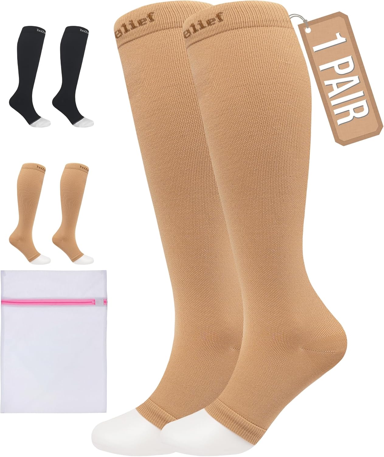 360 RELIEF Compression Socks for Women & Men - Open Toe Graduated Compression Stockings, Flight Socks, Running, Nurses, Maternity, Pregnancy + Laundry Bag