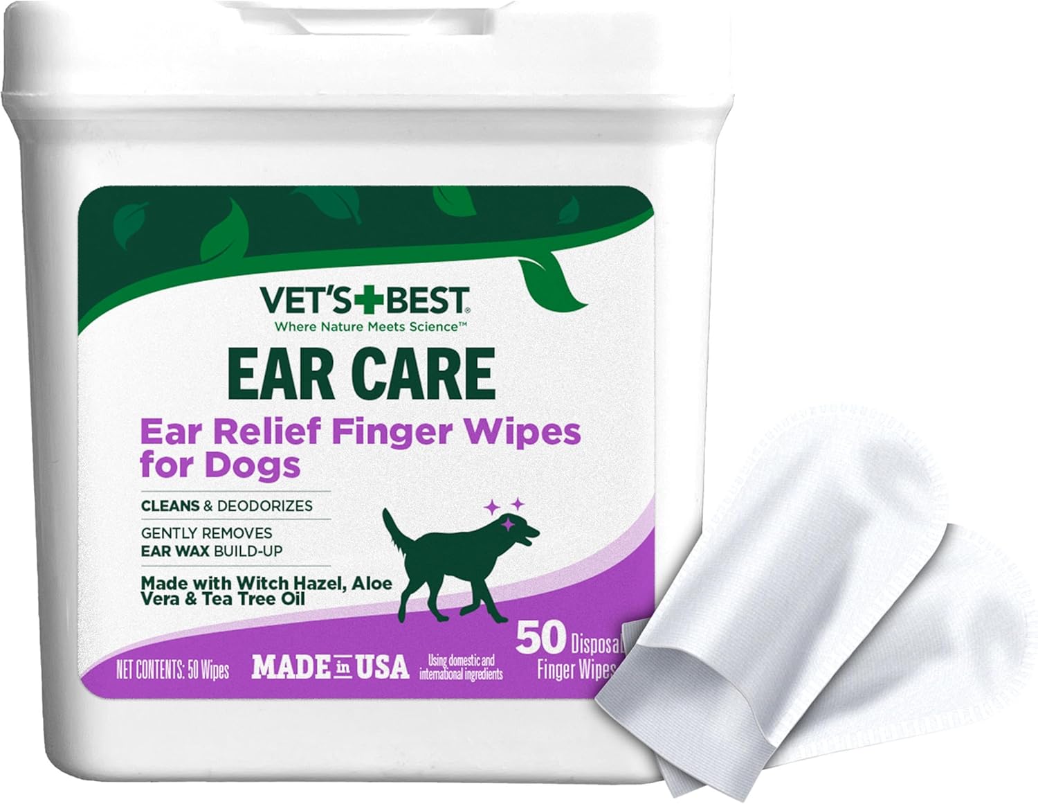 Vet's Best Ear Cleaner Finger Wipes for Dogs – Disposable Deodorizing Pads to Soothe Itchy Ears and Remove Odor – Gentle Cleaning Wipes for Dog Hygiene and Relief – 50 Count