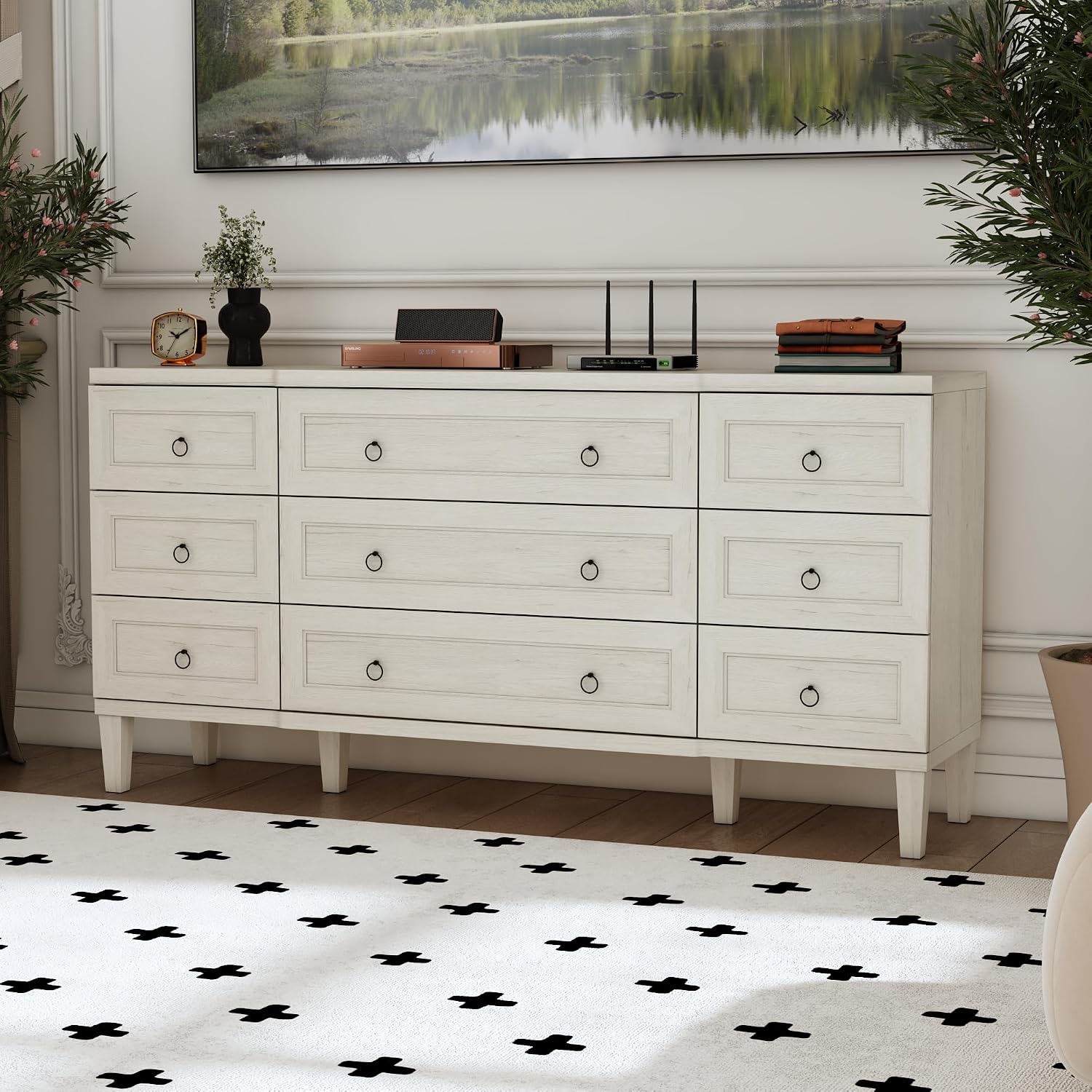 Farmhouse 9 Drawer Dresser, 63 inch Wood Dresser for Bedroom, Long Chest of Drawers with Storage, Closet Chest Organizer with Metal Handles, Large Storage Cabinet, Beige
